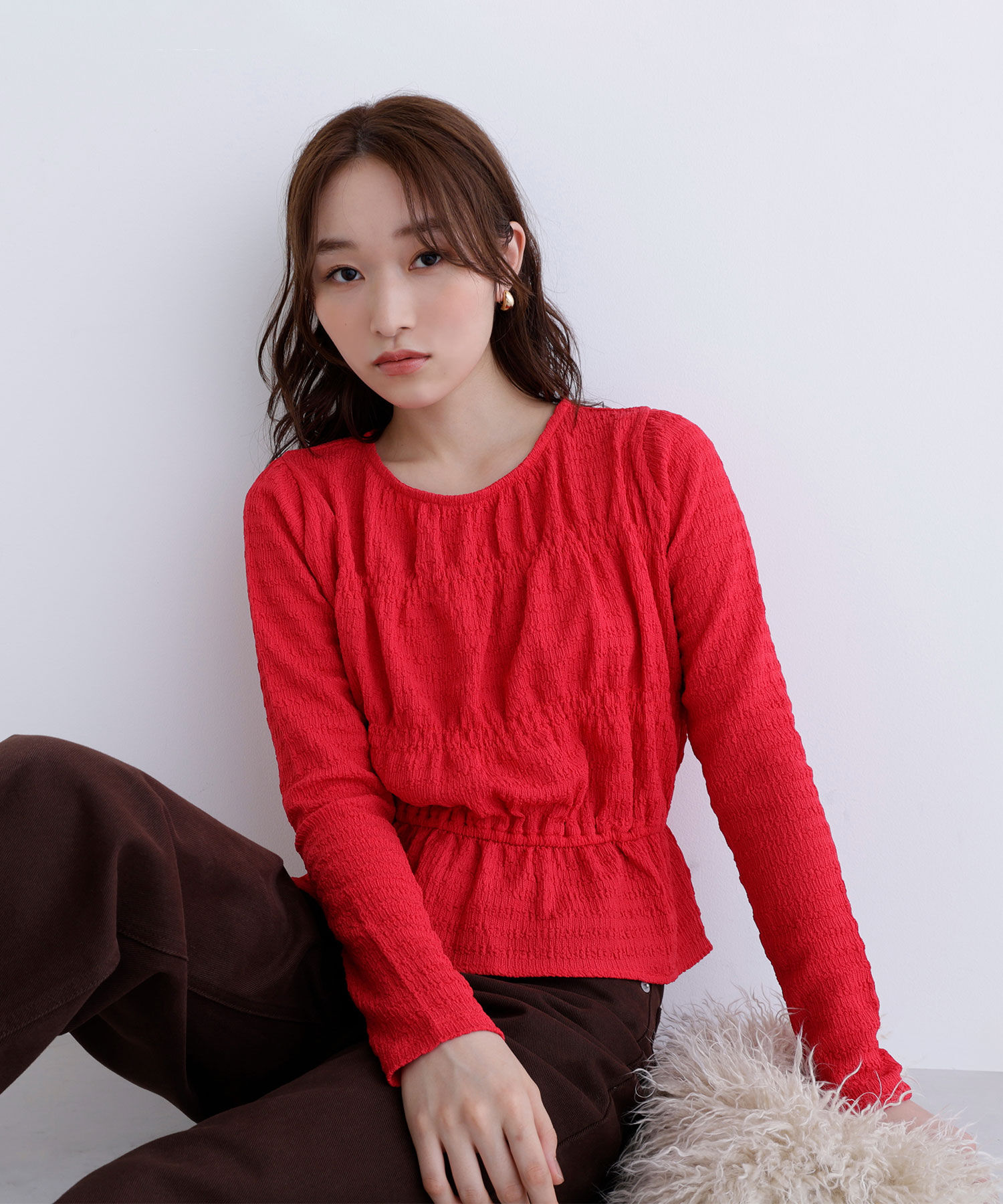  「シャーリングペプラムカットソー長袖」|Tシャツ・カットソー|レッド