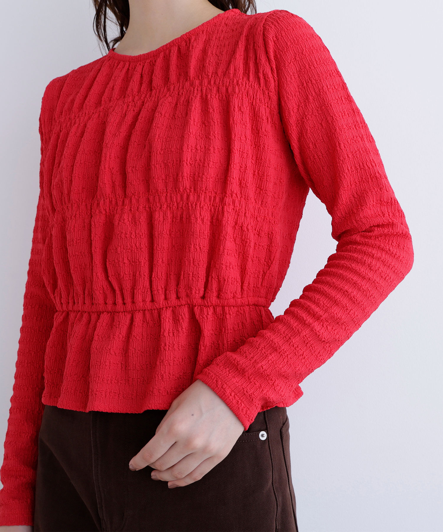  「シャーリングペプラムカットソー長袖」|Tシャツ・カットソー|