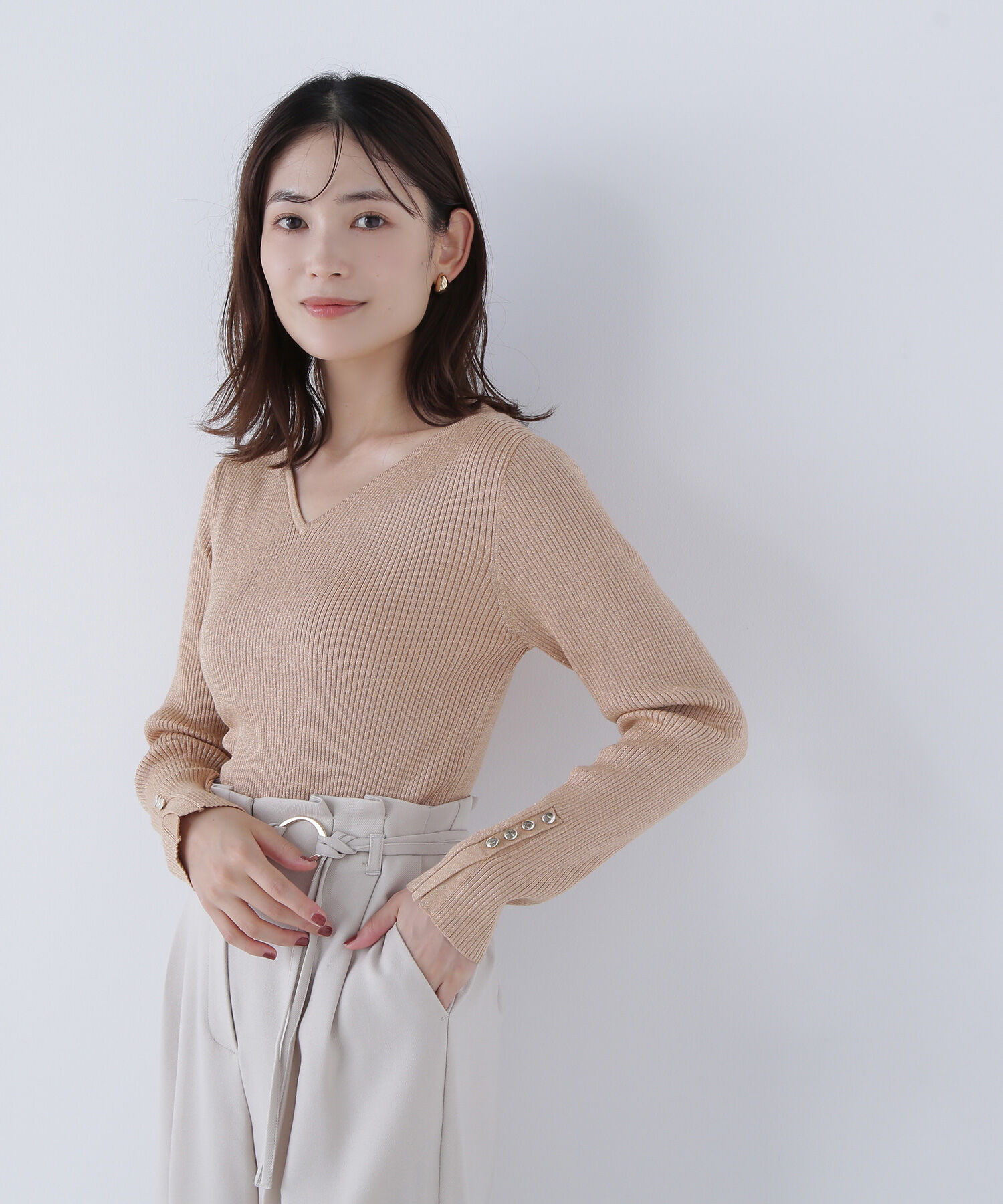  「ニュアンスネックラメリブニット」|ニット・セーター|アプリコット