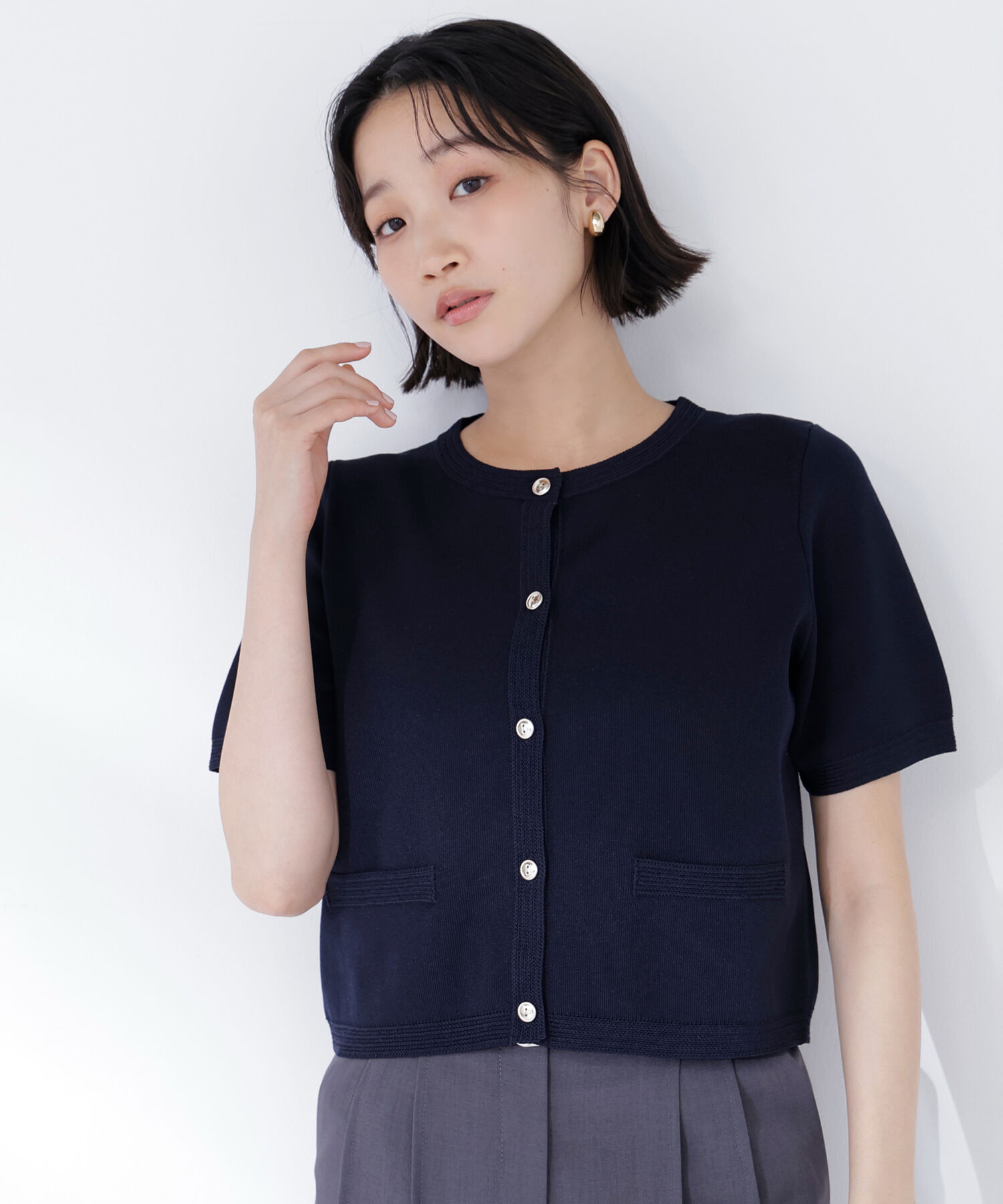  「シルクブレンドカーディガン半袖」|ニット・セーター|ネイビー