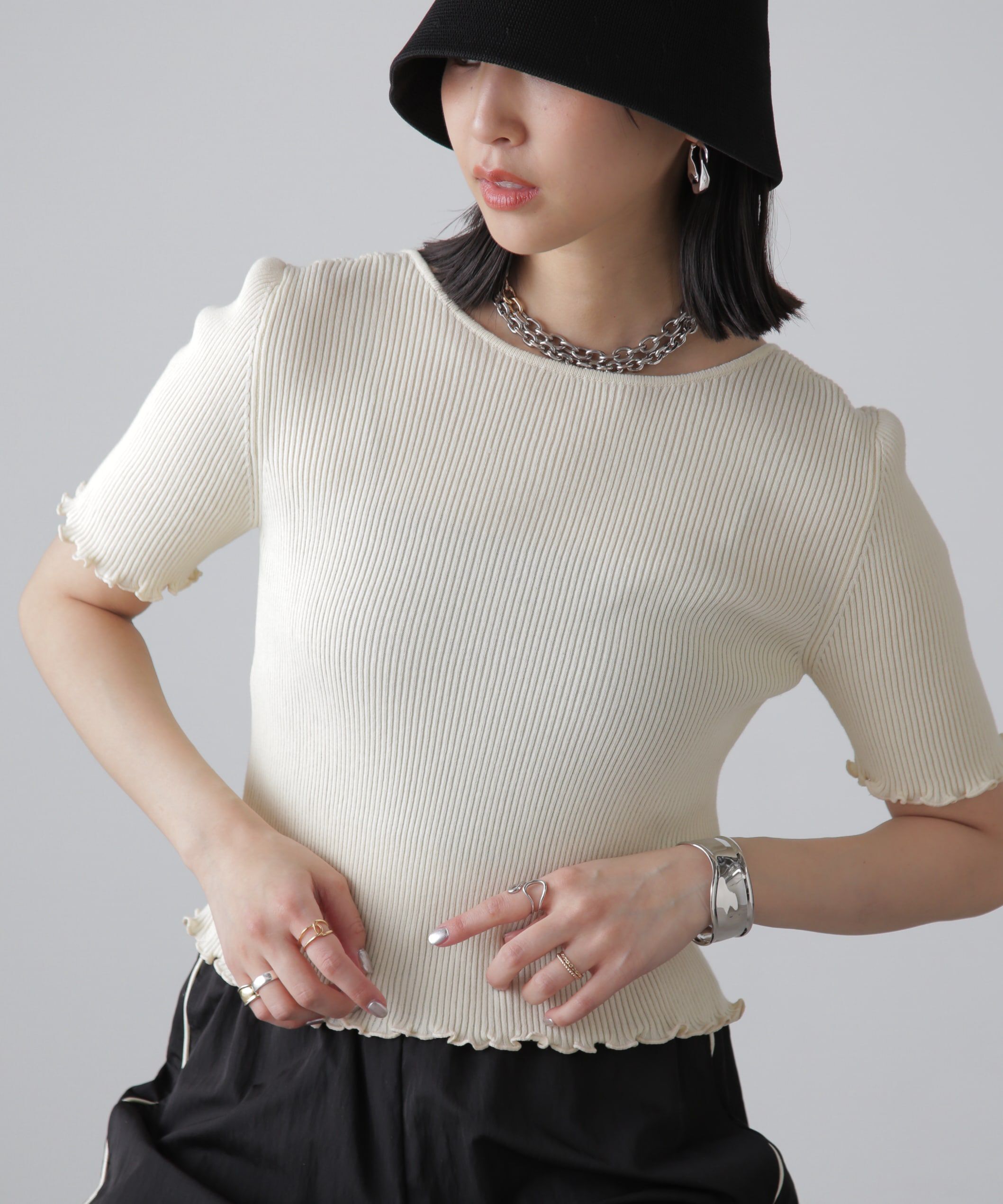  「前後2Wayメローフリル半袖ニット」|ニット・セーター|