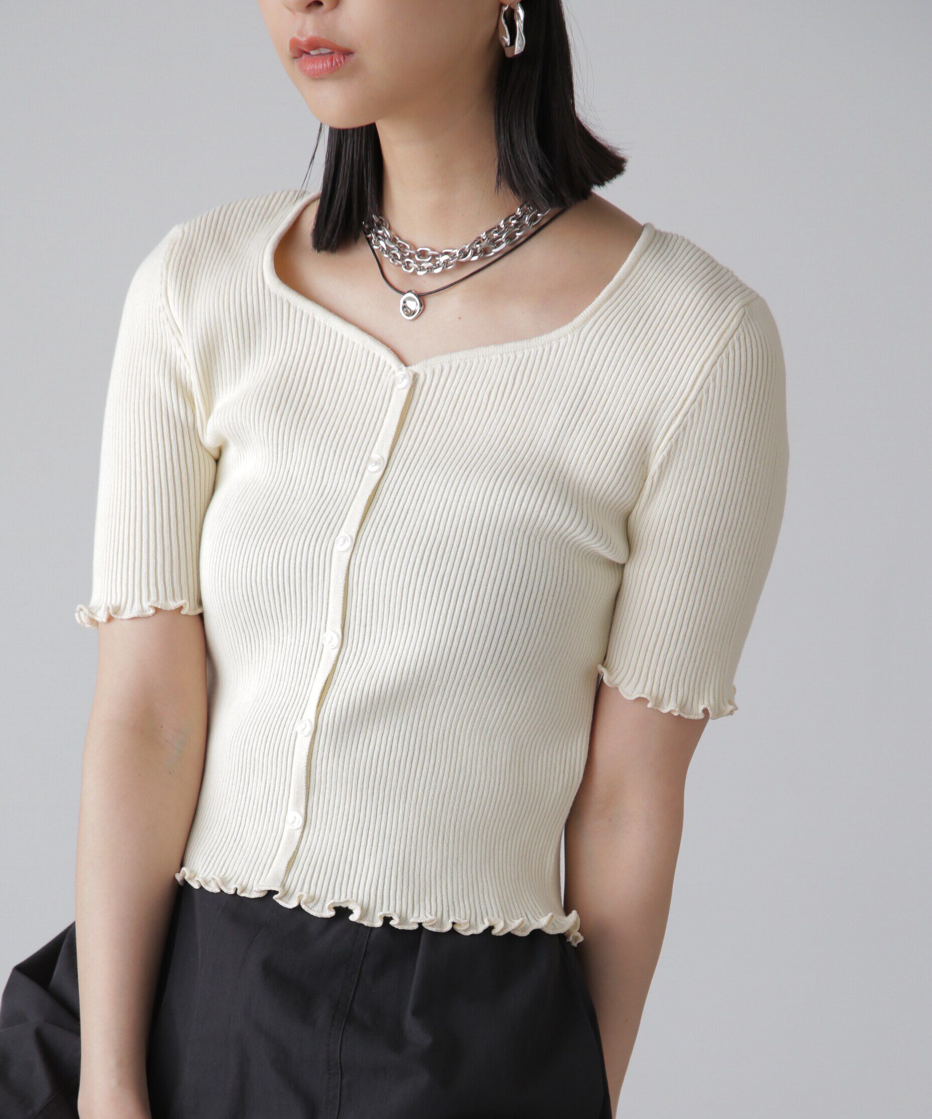  「前後2Wayメローフリル半袖ニット」|ニット・セーター|