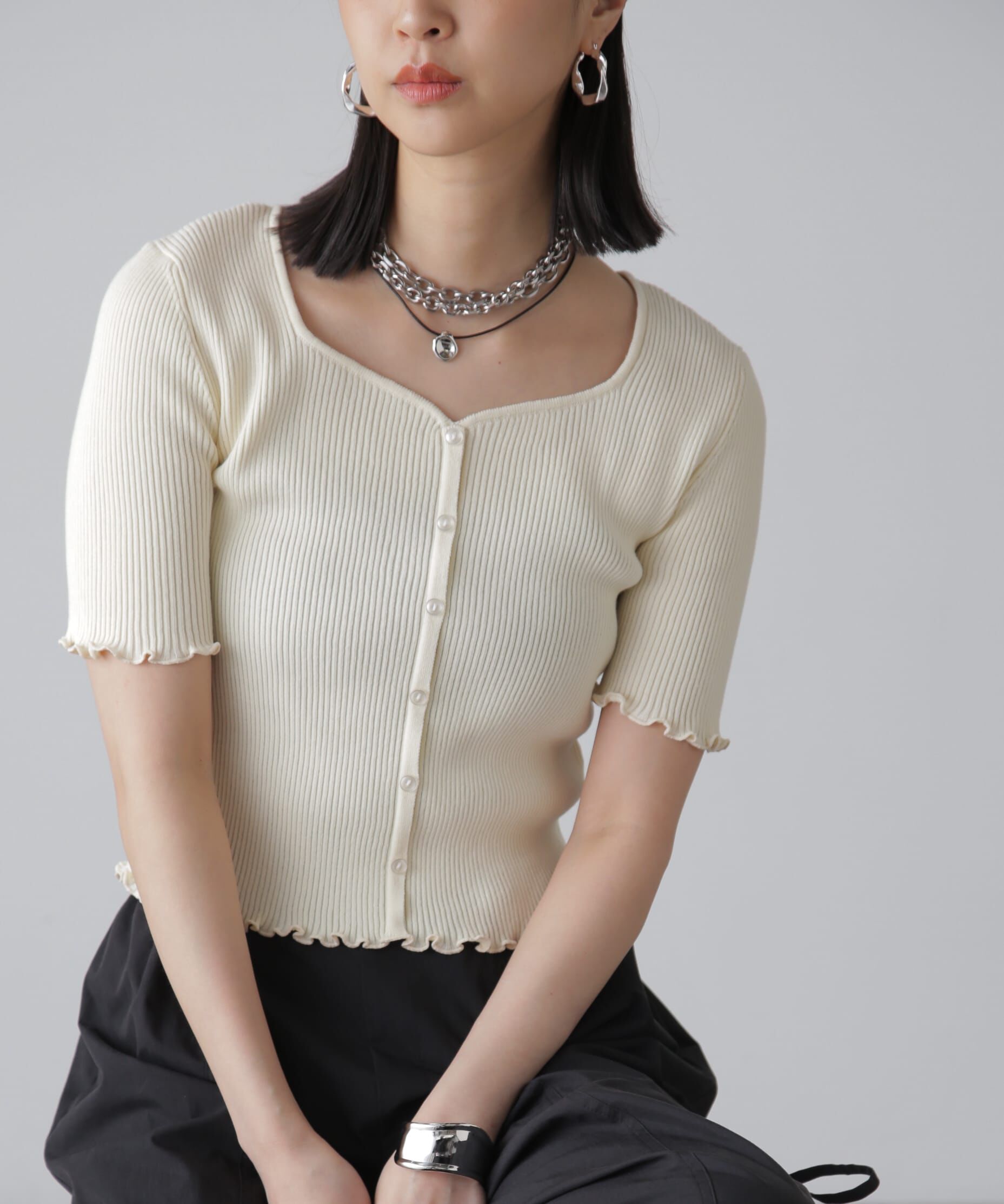  「前後2Wayメローフリル半袖ニット」|ニット・セーター|