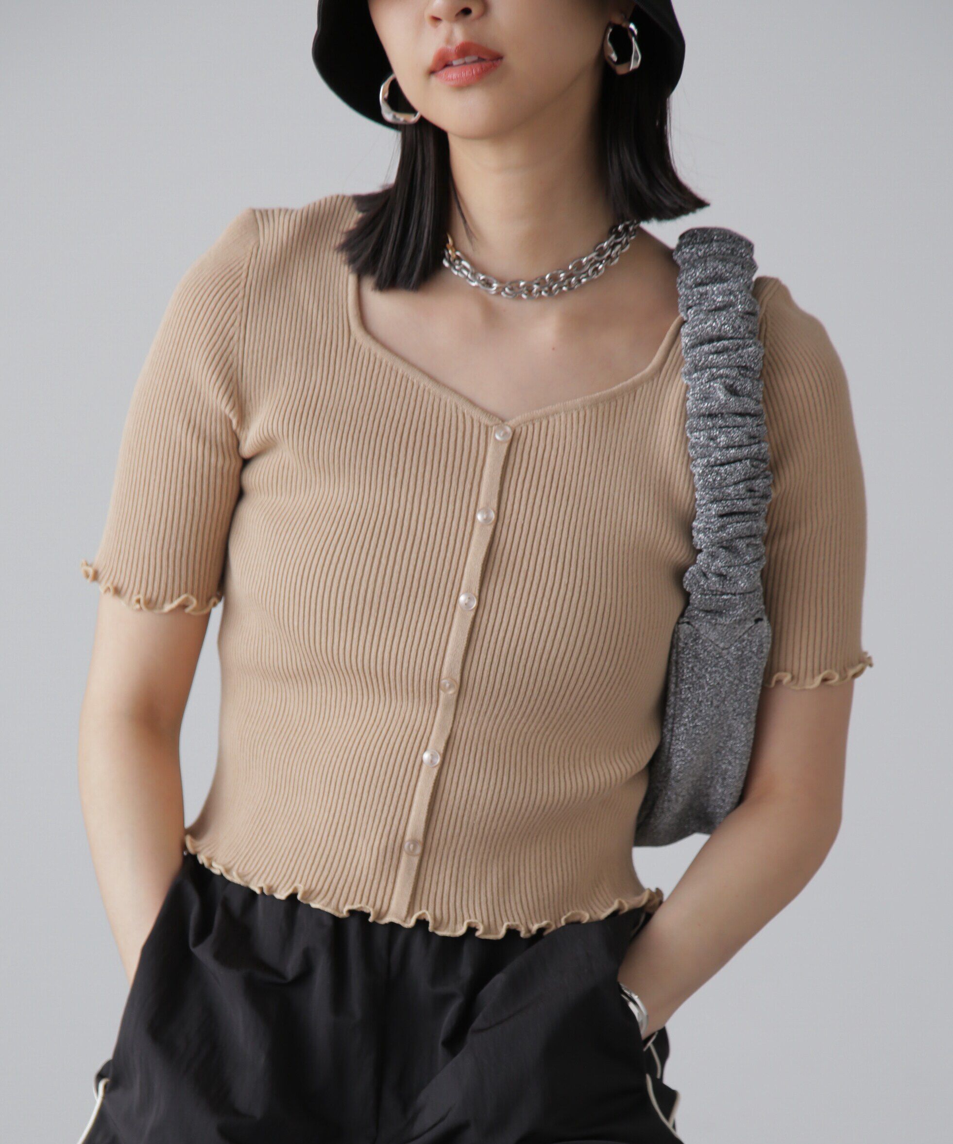  「前後2Wayメローフリル半袖ニット」|ニット・セーター|