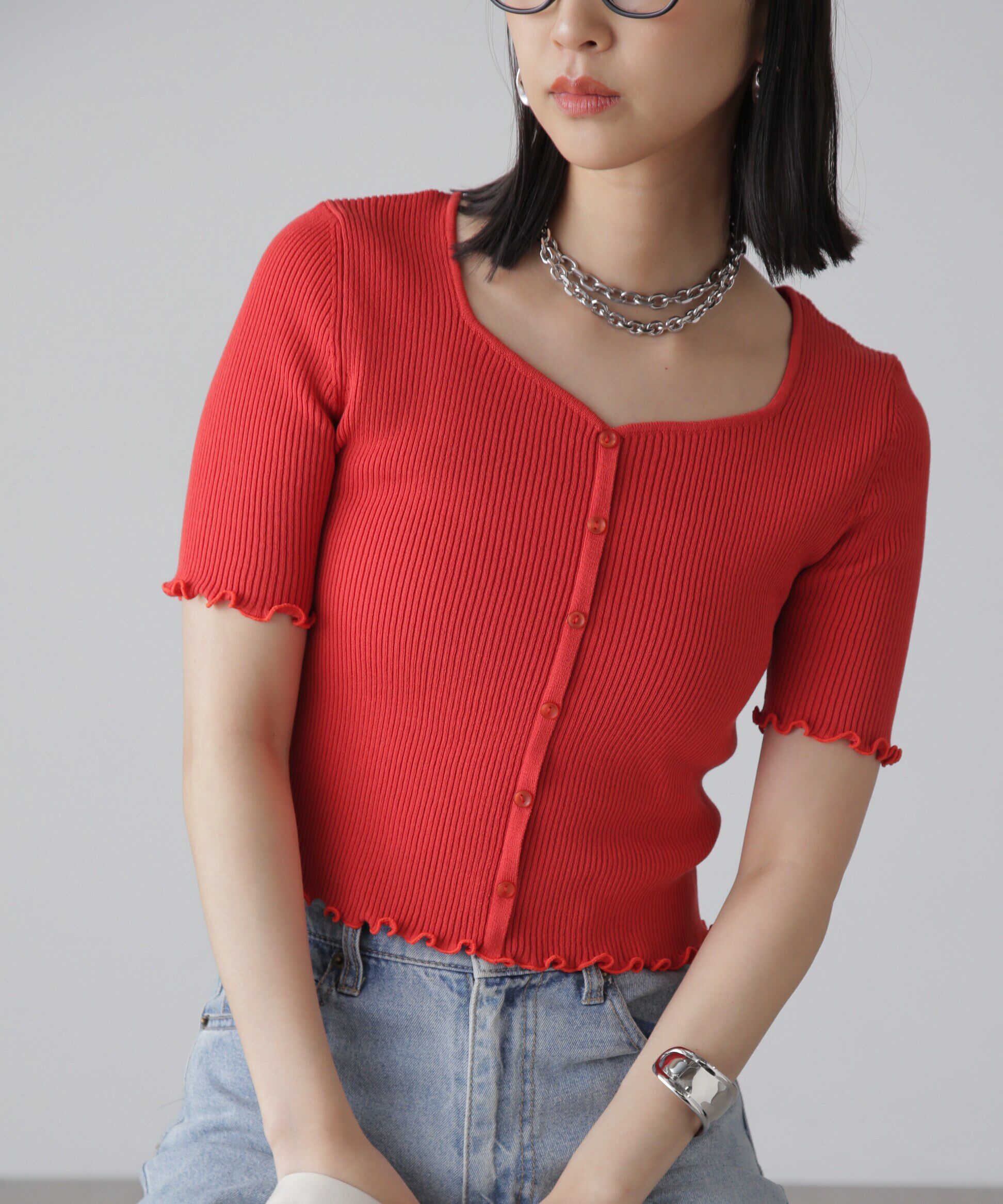  「前後2Wayメローフリル半袖ニット」|ニット・セーター|レッド