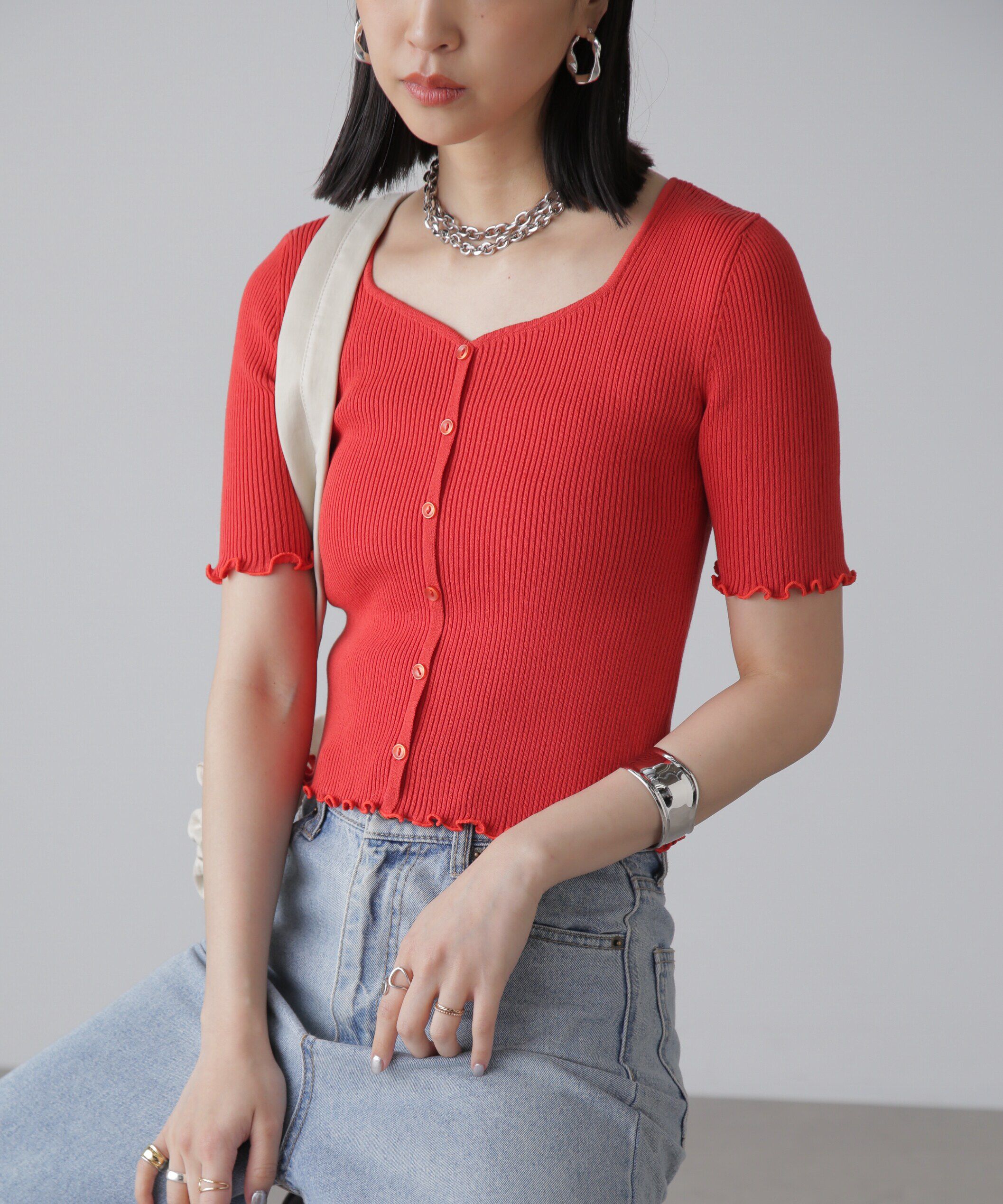  「前後2Wayメローフリル半袖ニット」|ニット・セーター|