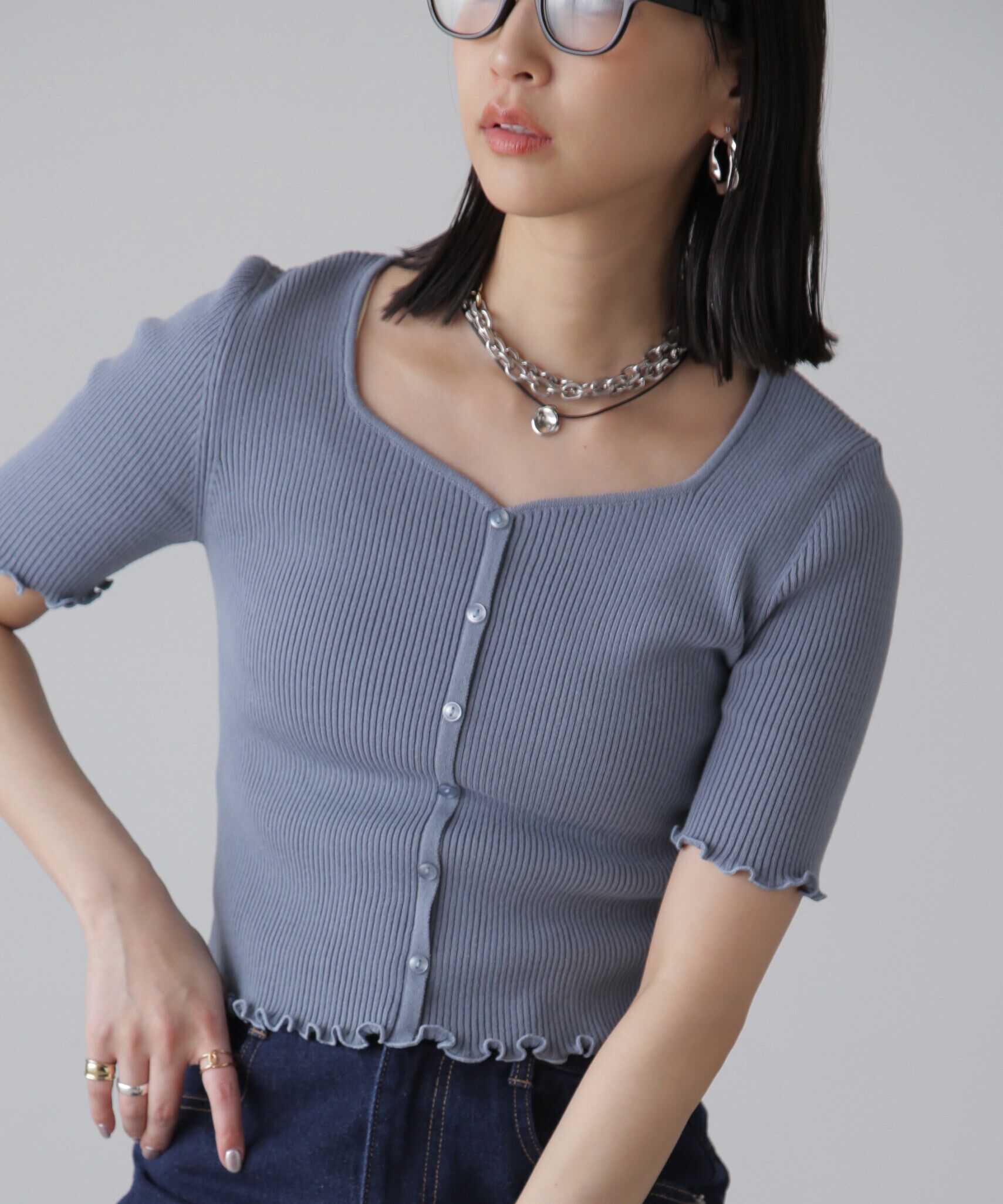  「前後2Wayメローフリル半袖ニット」|ニット・セーター|ライトブルー