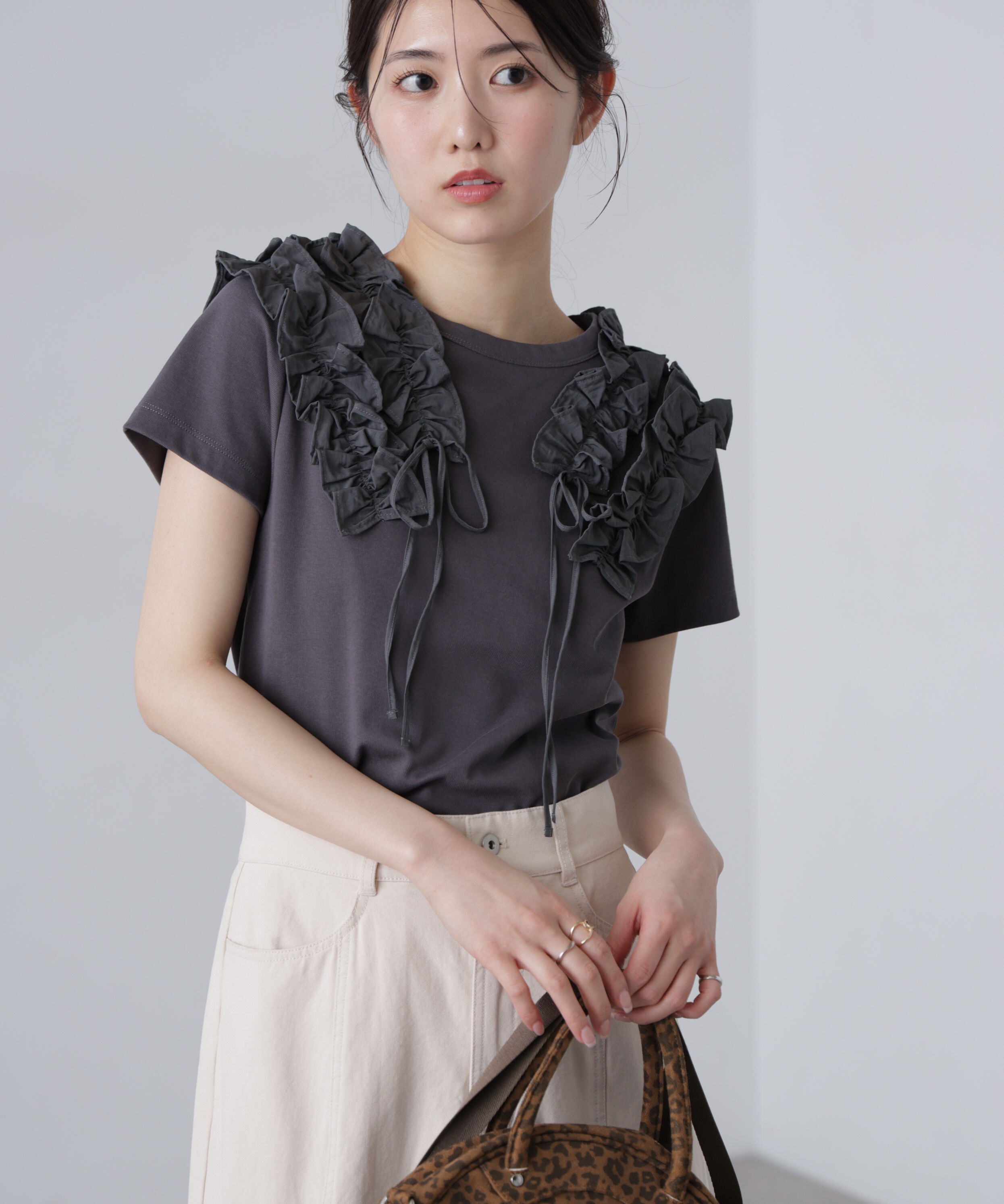  「ダブルフリルドッキングカットソー」|Tシャツ・カットソー|チャコールグ
