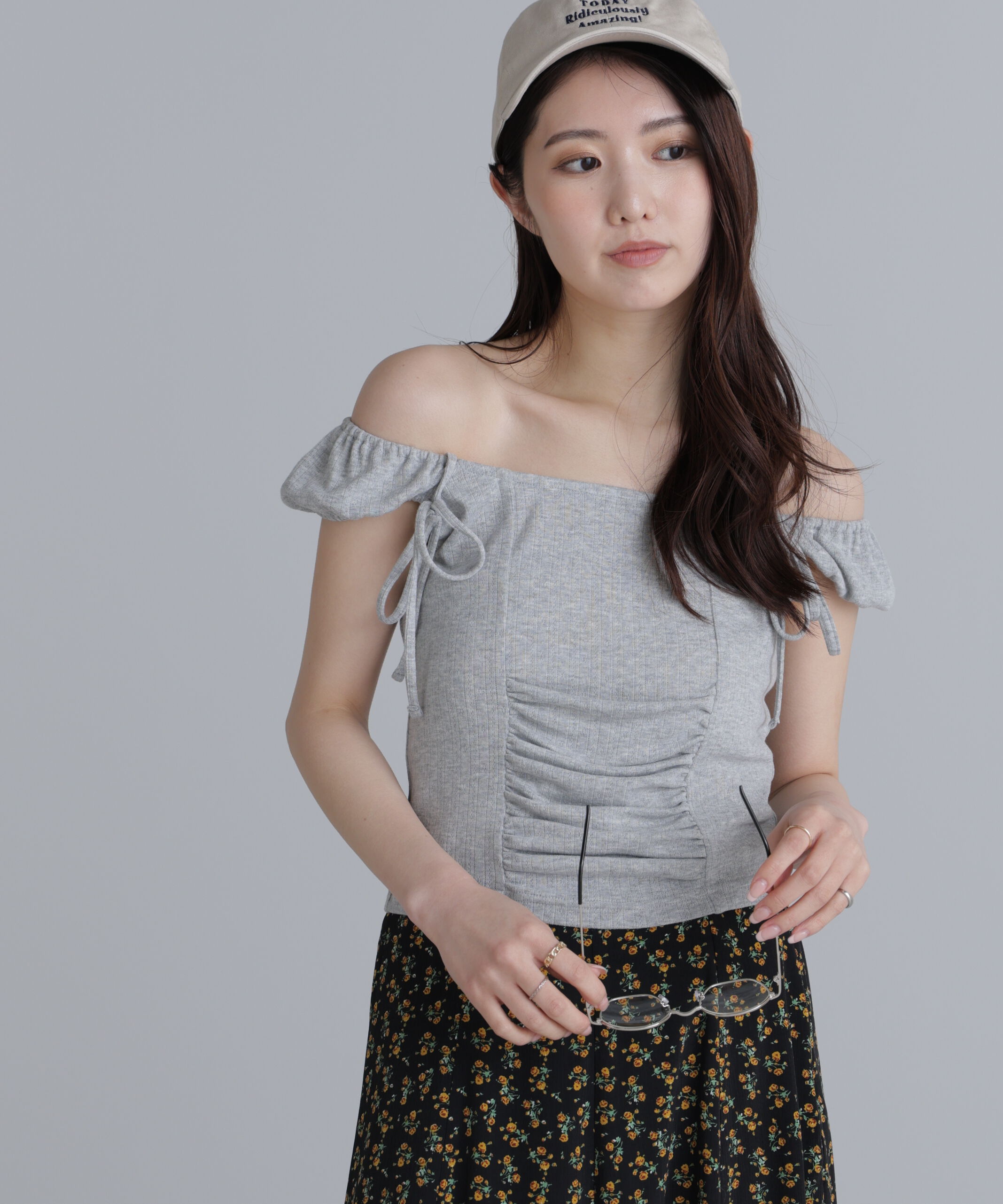 「オフショルリボンカットソー」|Tシャツ・カットソー|グレー