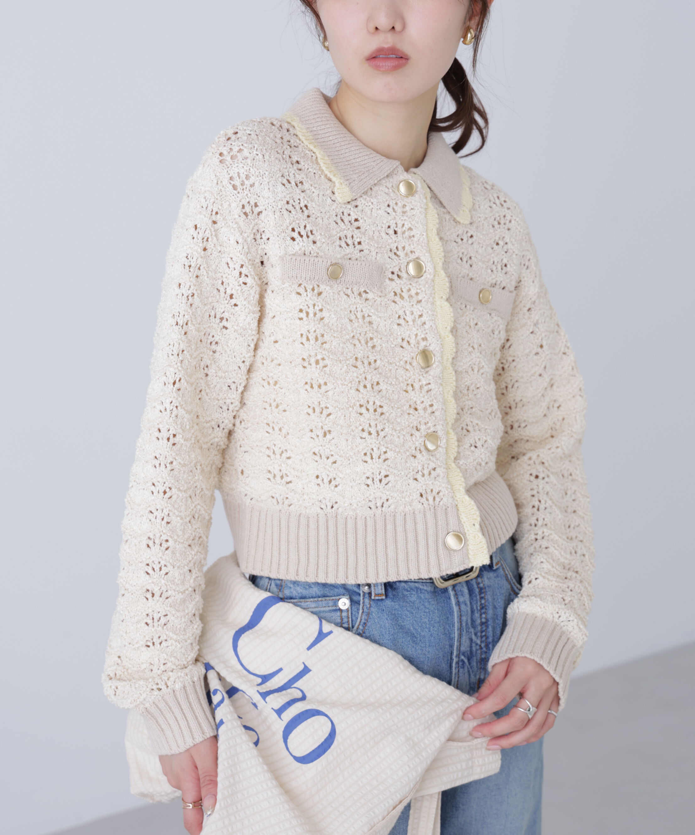  「ミニブークレツィードライク配色ニットカーディガン」|ニット・セーター|