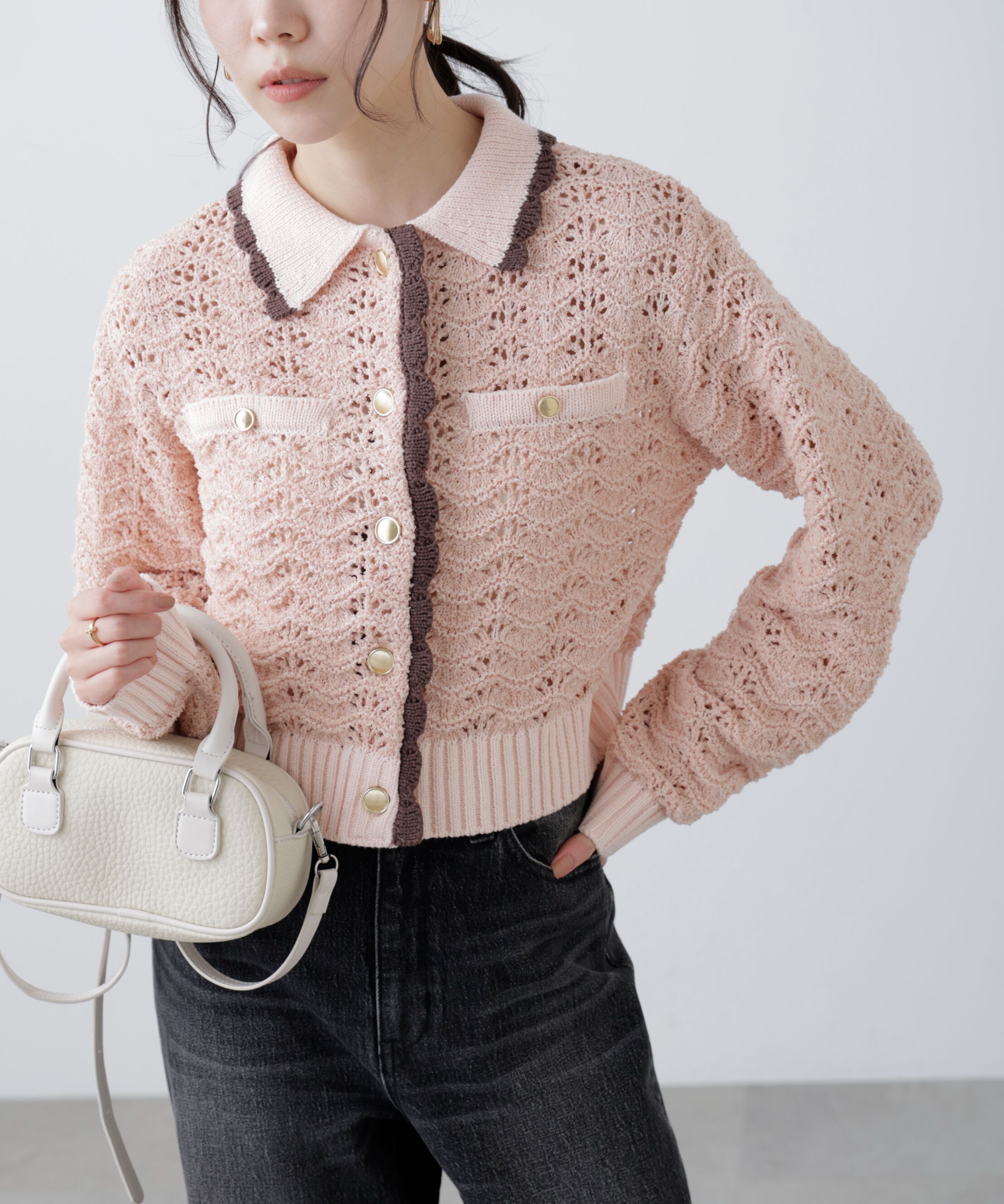  「ミニブークレツィードライク配色ニットカーディガン」|ニット・セーター|ピンク