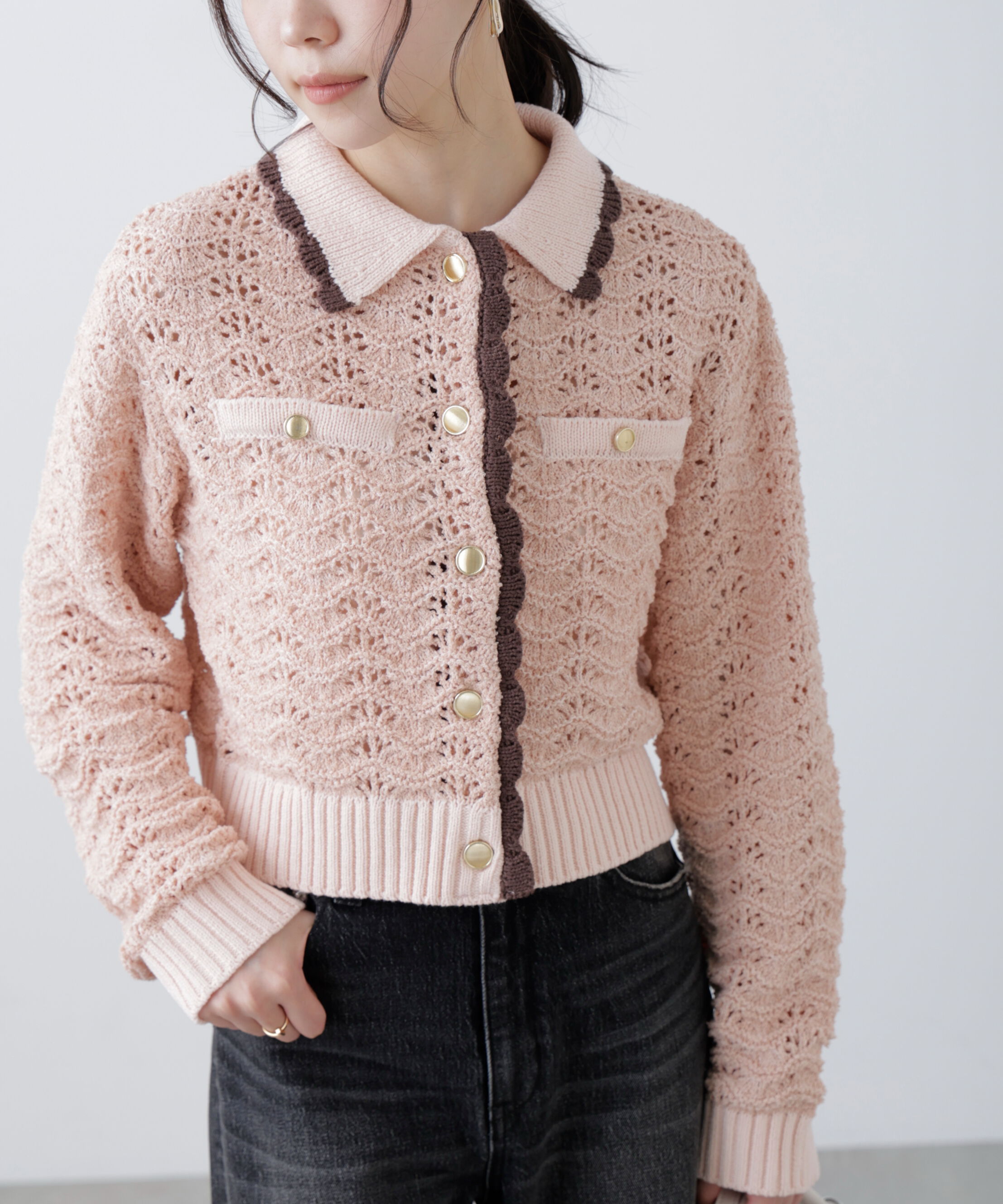  「ミニブークレツィードライク配色ニットカーディガン」|ニット・セーター|