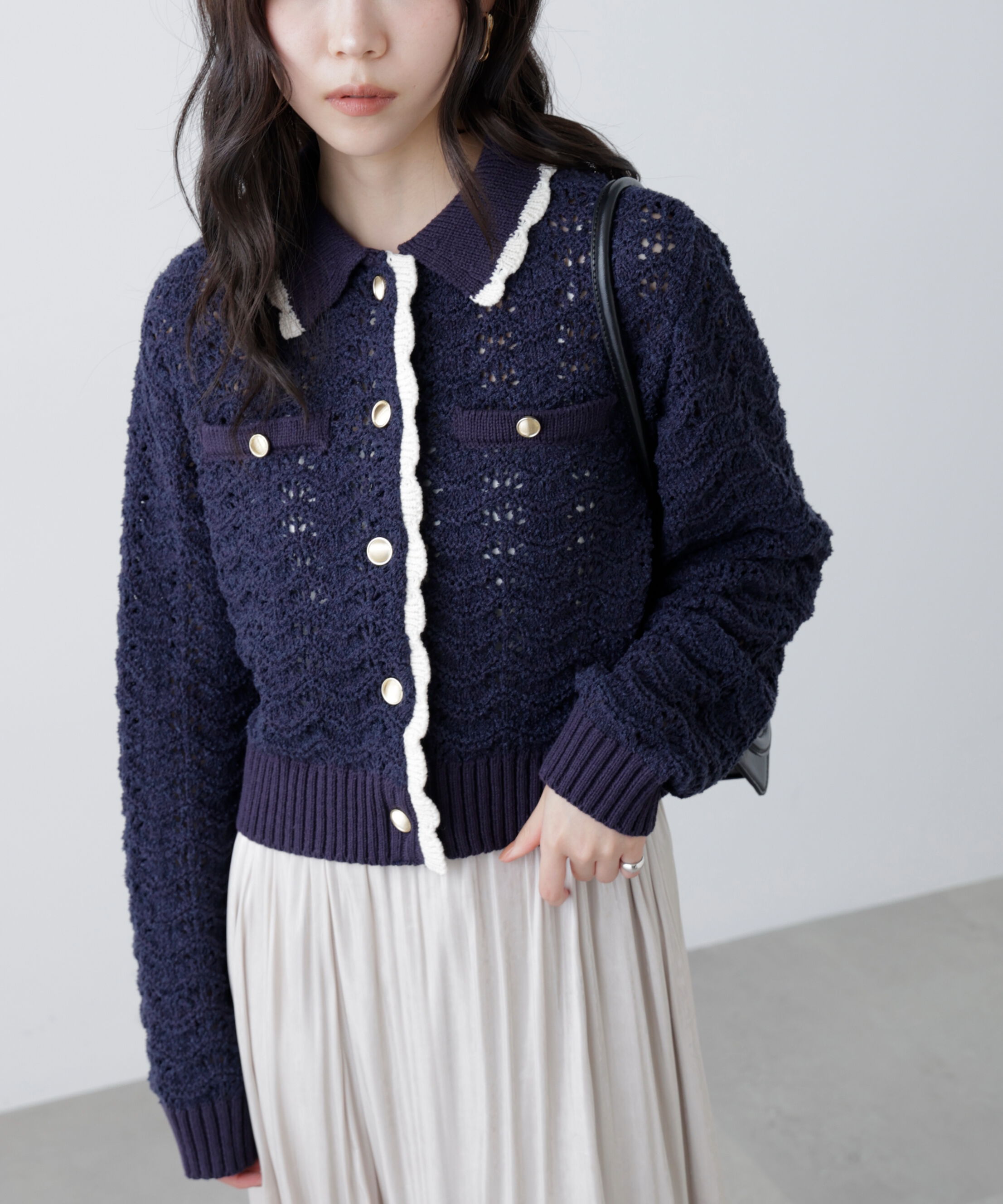  「ミニブークレツィードライク配色ニットカーディガン」|ニット・セーター|ネイビー
