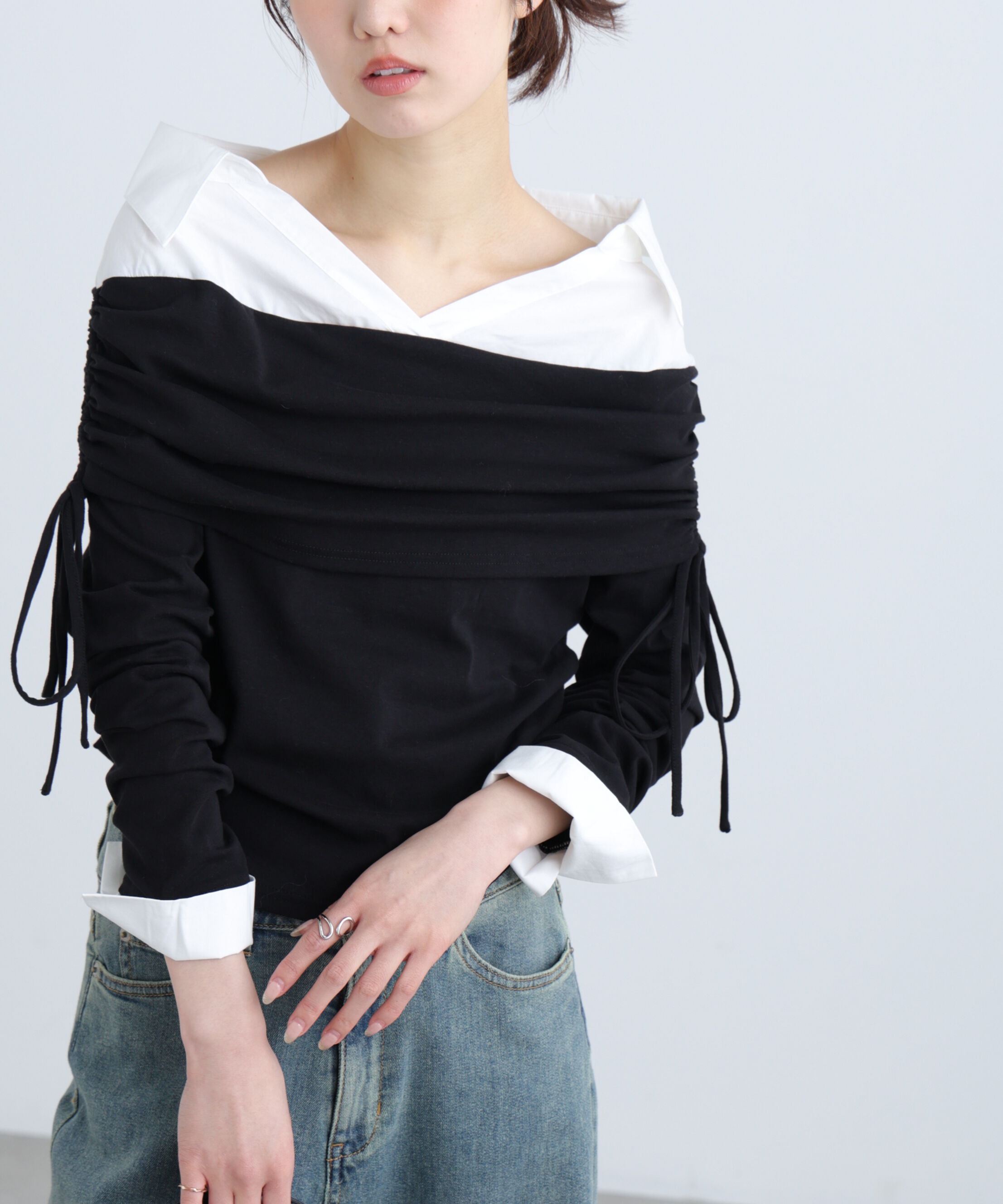 「シャツレイヤードオフショルダー」|Tシャツ・カットソー|