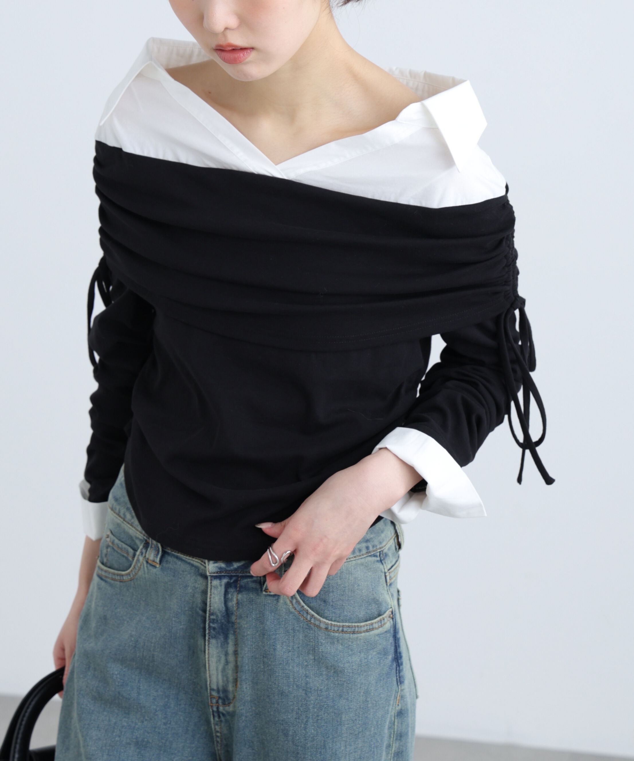  「シャツレイヤードオフショルダー」|Tシャツ・カットソー|