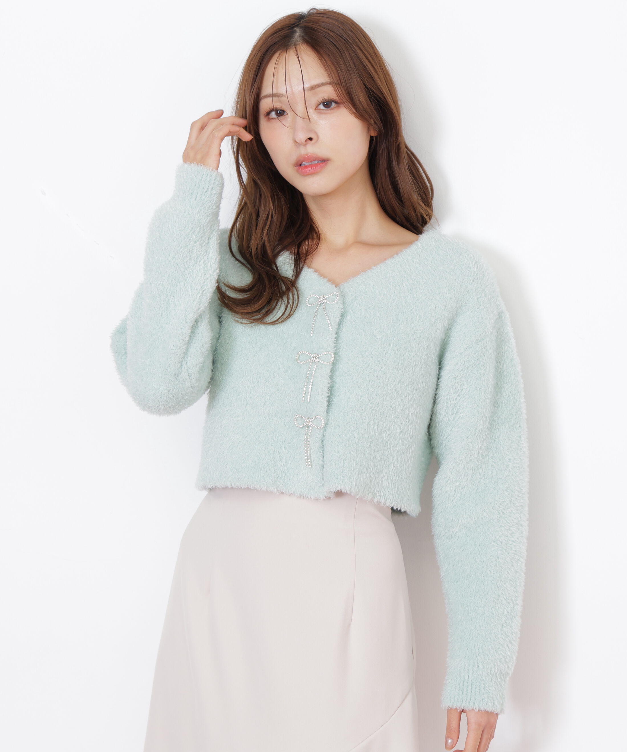  「リボンビジューフェザーカーディガン」|ニット・セーター|
