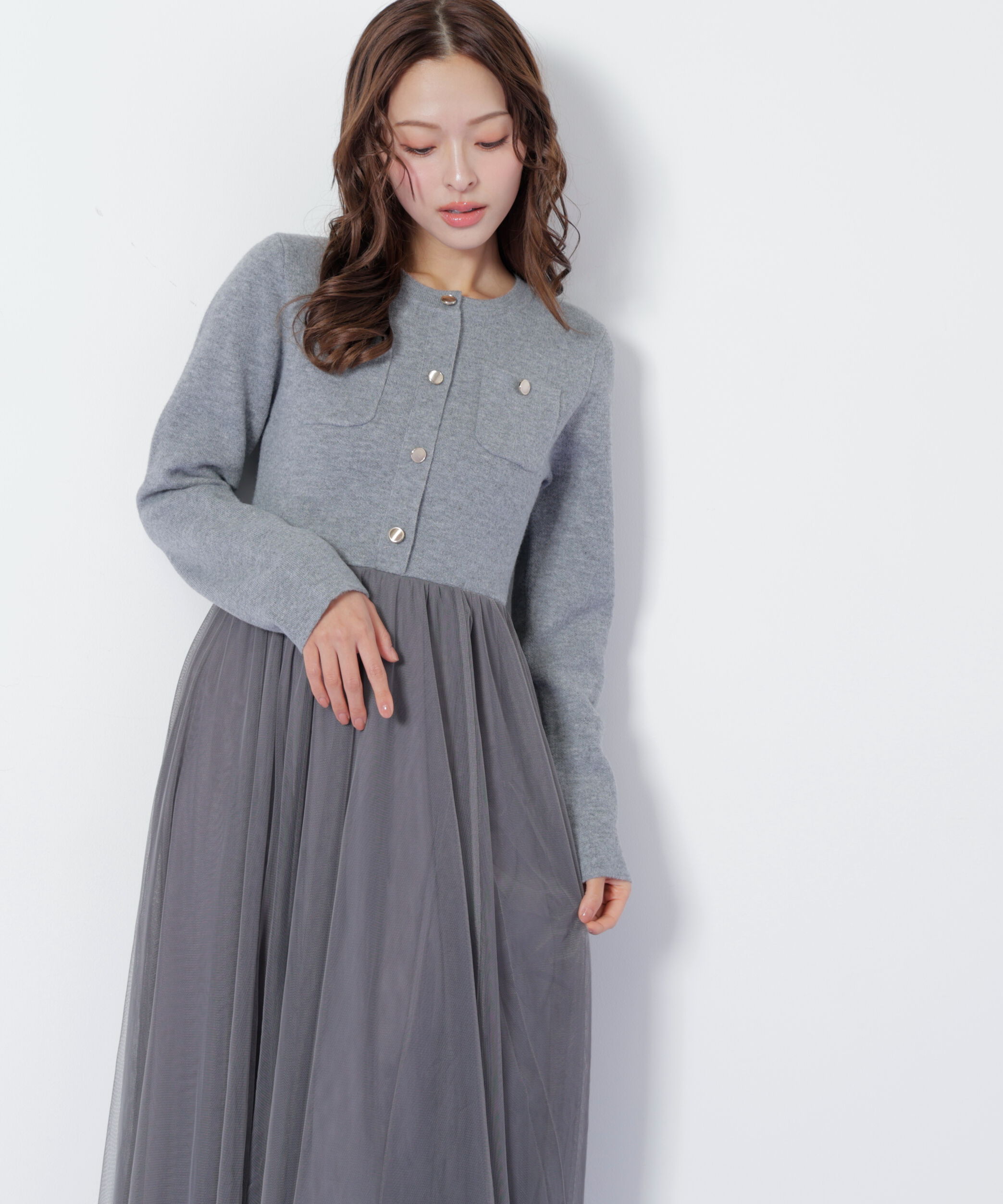  「ニットジャケットドッキングワンピース」|ワンピース|