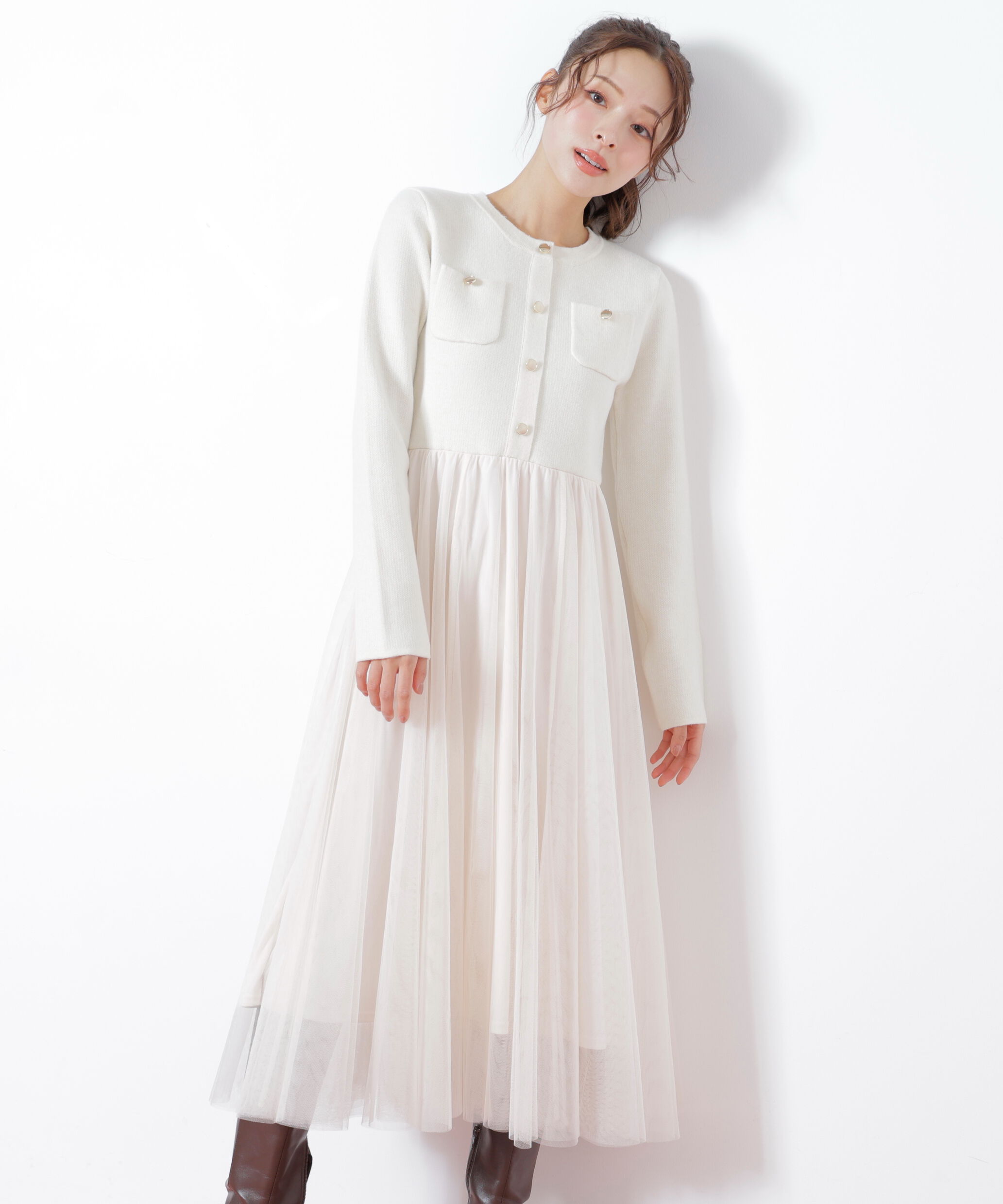  「ニットジャケットドッキングワンピース」|ワンピース|