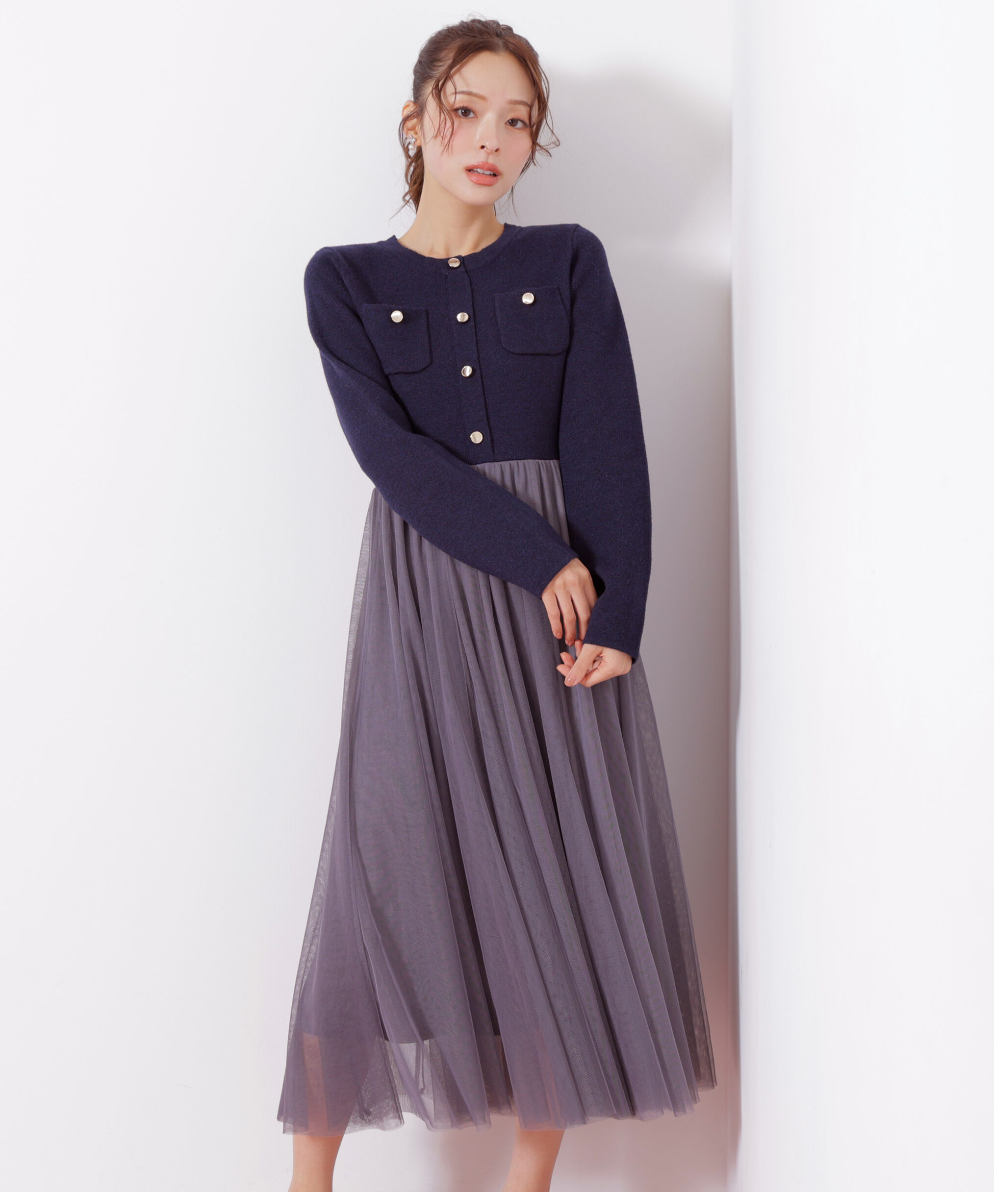  「ニットジャケットドッキングワンピース」|ワンピース|