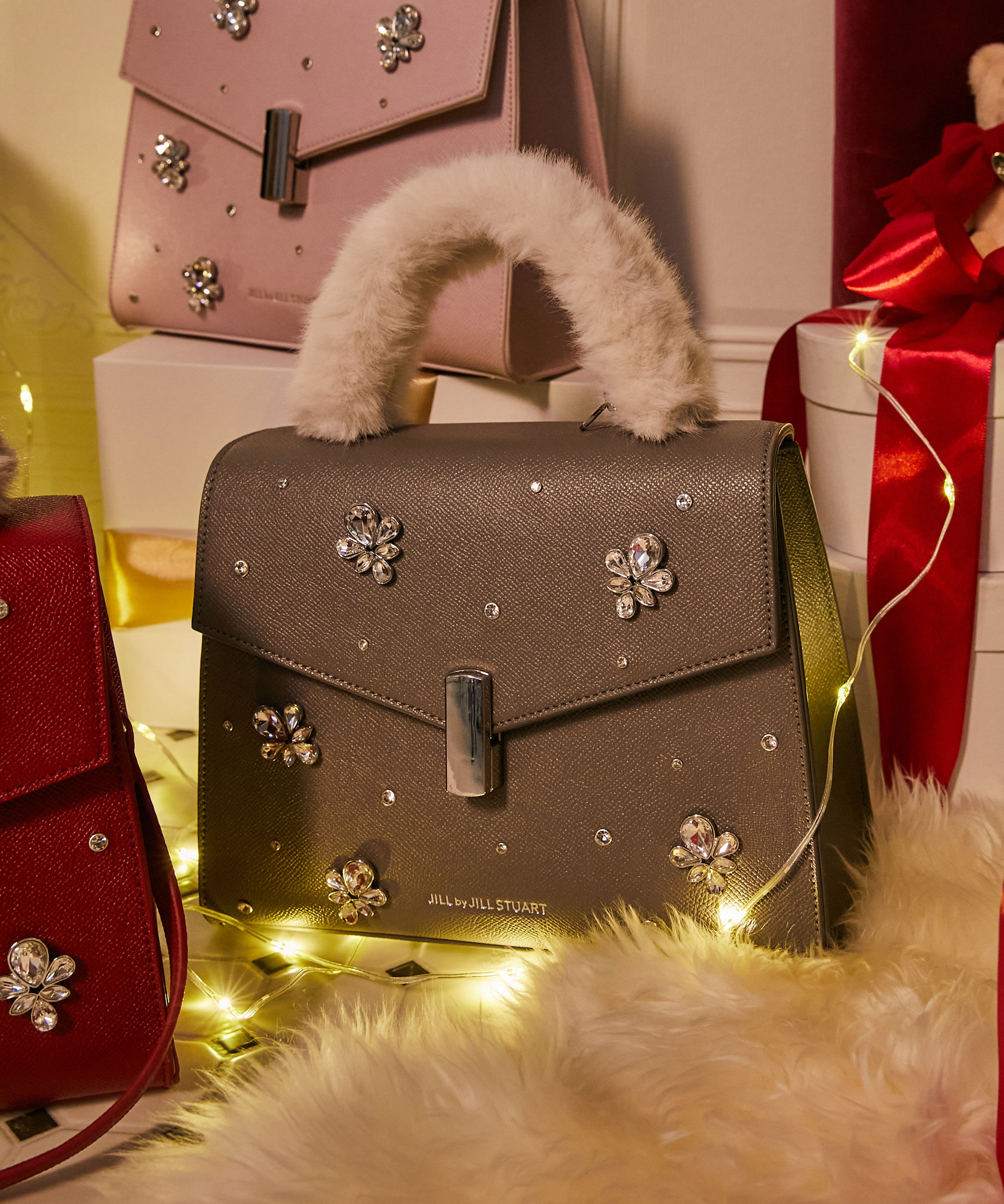  「ランダムビジューファーハンドルバッグ」|その他|チャコールグ