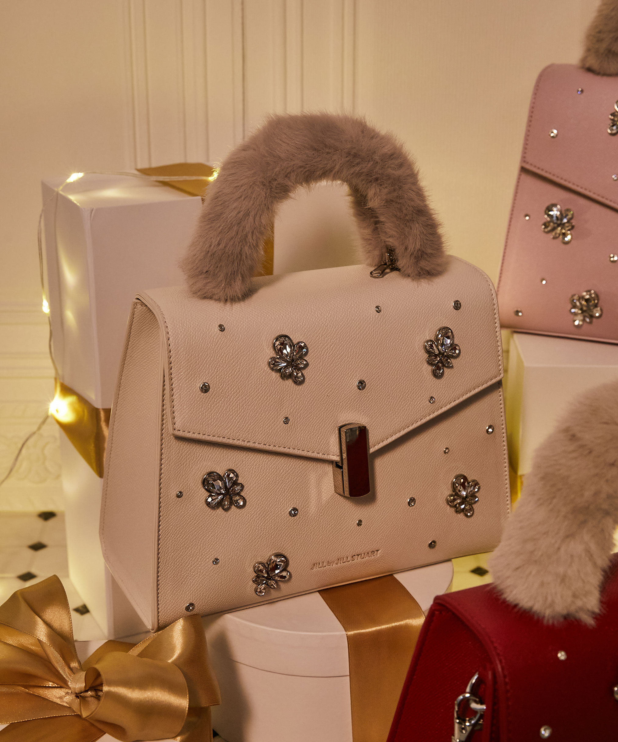  「ランダムビジューファーハンドルバッグ」|その他|ホワイト