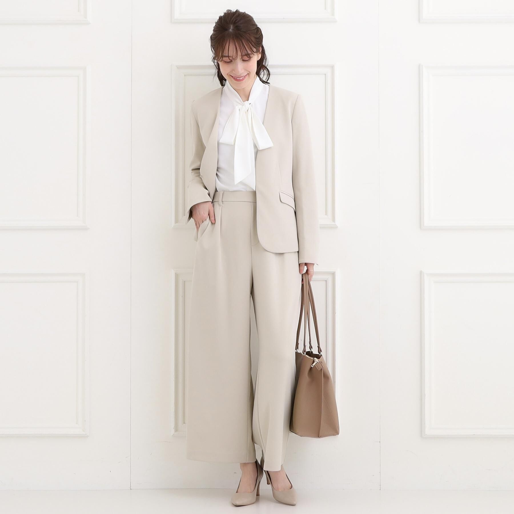 SHOO･LA･RUE「【洗濯機可/セットアップ可/S-3L】きちんと楽に。カットジョーゼットノーカラージャケット」|ノーカラージャケット|