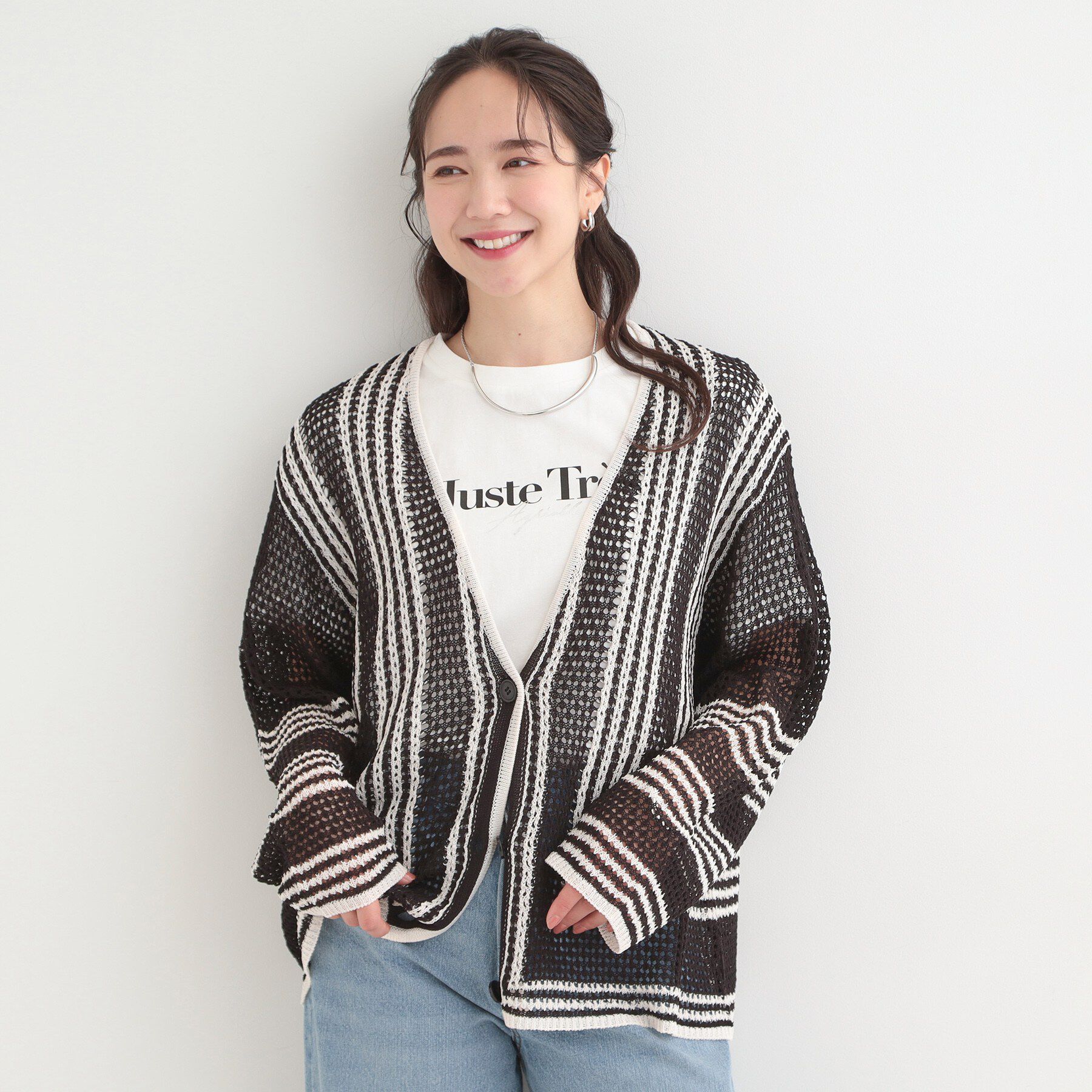 SHOO･LA･RUE「大人カジュアルなコーデに 配色クロシェ編み風カーディガン」|カーディガン|