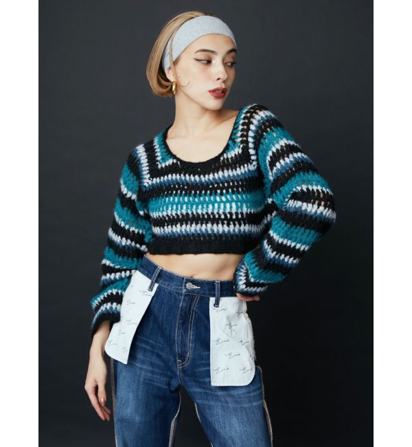 EVRIS「ボーダーメッシュショートニットトップス」|ニット・セーター|