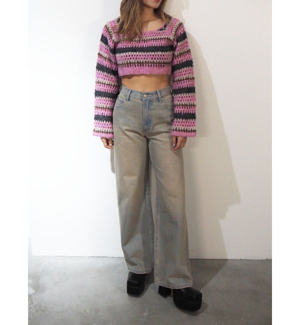 EVRIS「ボーダーメッシュショートニットトップス」|ニット・セーター|