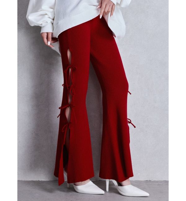 GYDA「SIDE RIBBONスリットニットフレアパンツ」|その他|レッド