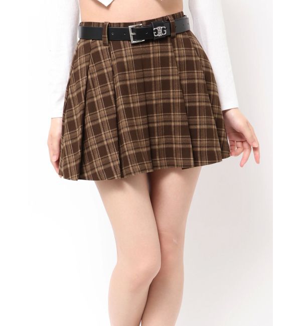 GYDA「ベルトSETチェックプリーツスカートライクショートパンツ」|スカート|ブラウン