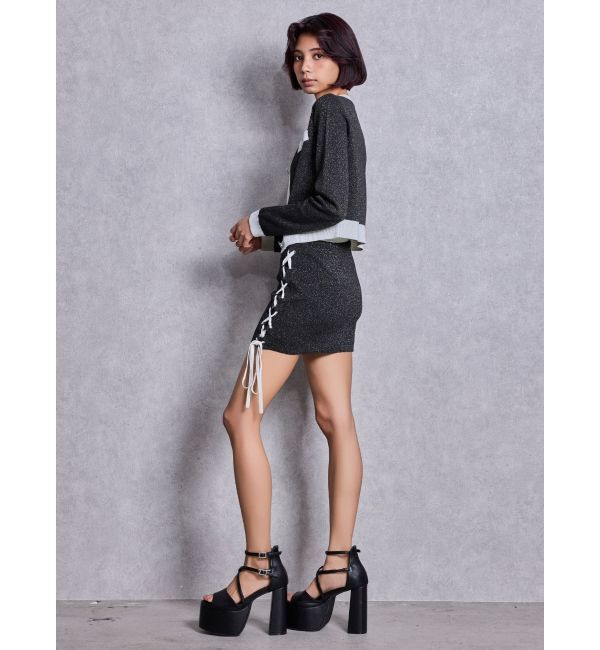 GYDA「フロントレースアップラメニットスカートライクショートパンツ」|スカート|