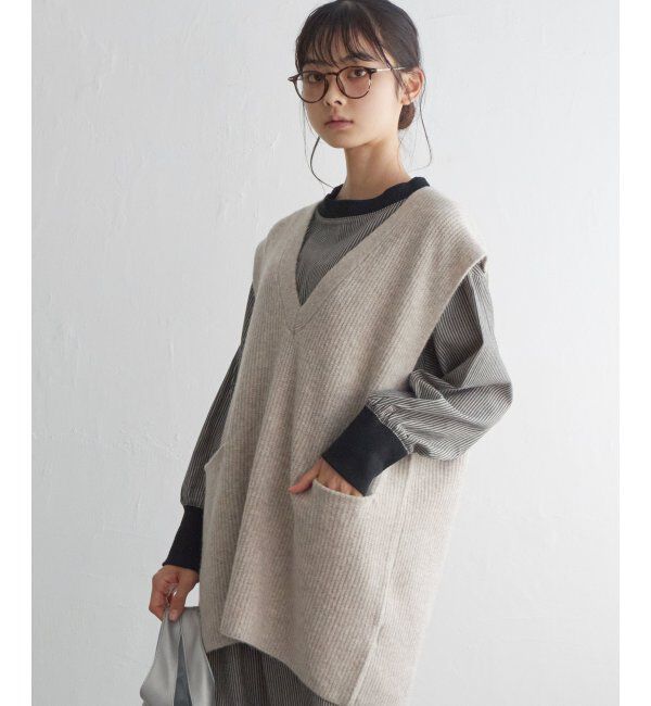 Lbc with Life「ポケ付きニットロングベスト」|ニット・セーター|ベージュ