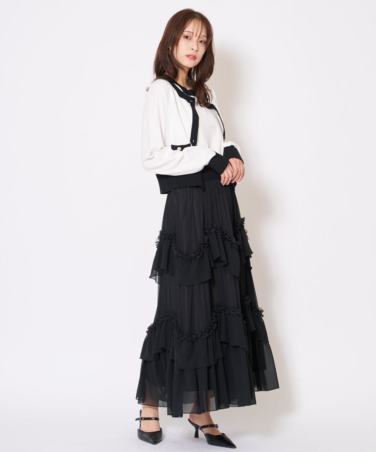 アンドクチュール「ティアードチュールスカート」|フレア|ブラック
