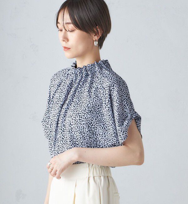 SHIPS for women「〈手洗い可能〉ネック ギャザー プリント ドルマン ブラウス」|シャツ・ブラウス|ネイビー