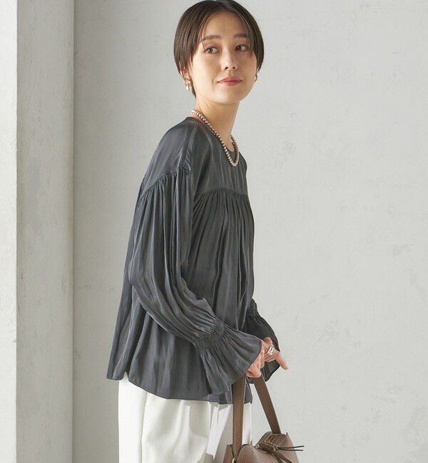 SHIPS for women「〈手洗い可能〉割繊 クルーネック ギャザー ブラウス」|シャツ・ブラウス|