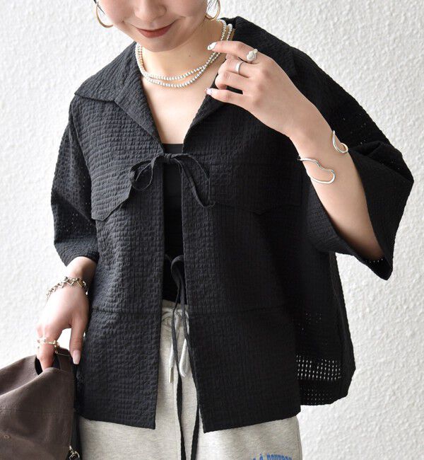 SHIPS any「《予約》SHIPS any:〈手洗い可能〉サッカー リボン 開襟シャツ 羽織り」|シャツ・ブラウス|