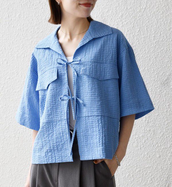 SHIPS any「《予約》SHIPS any:〈手洗い可能〉サッカー リボン 開襟シャツ 羽織り」|シャツ・ブラウス|ブルー