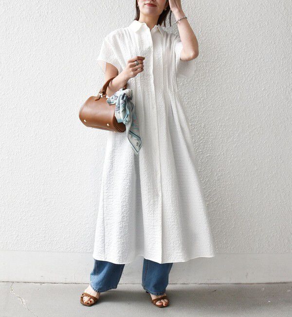 SHIPS any「《予約》SHIPS any:〈手洗い可能〉サッカー フレンチ スリーブ シャツ ワンピース」|ワンピース|オフホワイト