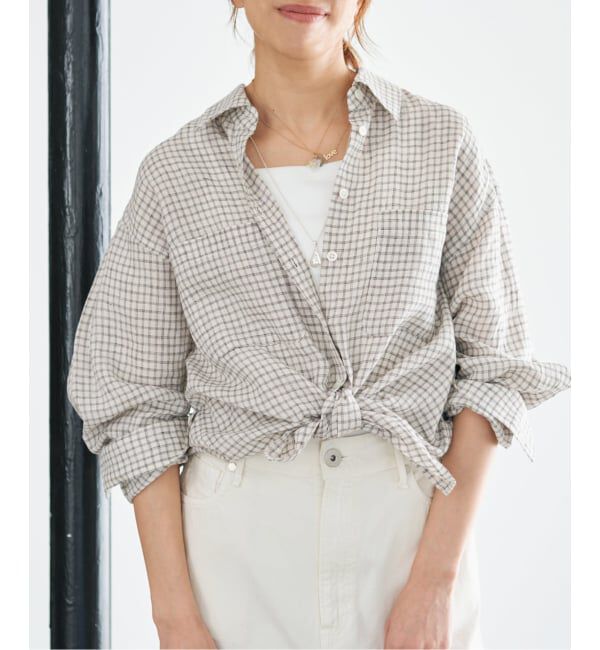 IENA「《セットアップ対応/予約》フレンチリネンチェックレギュラーカラーシャツ」|シャツ・ブラウス|ベージュ