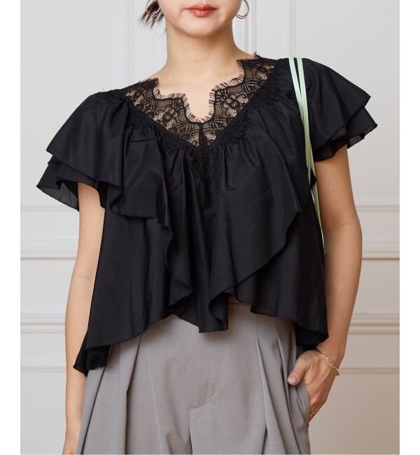 IENA LA BOUCLE「《予約》IENA LA BOUCLE レース Vネックブラウス」|シャツ・ブラウス|ブラック