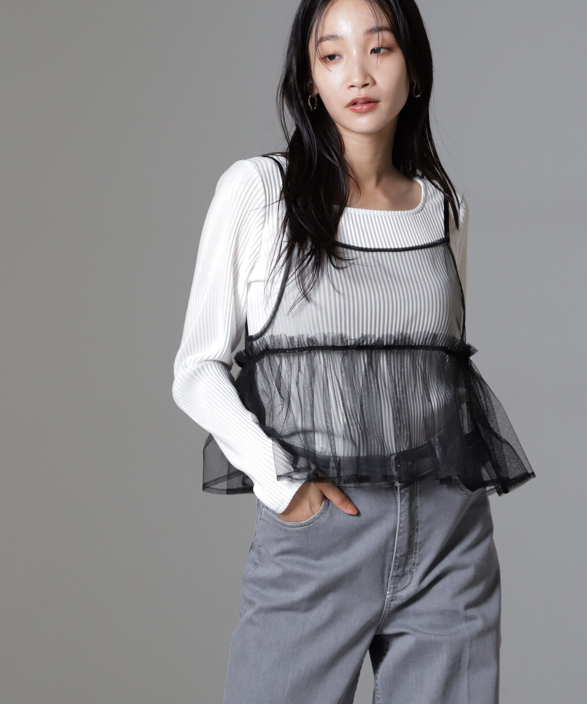 nano･universe「前後2wayテレコロンTセット＆チュールキャミソールトップス」|Tシャツ・カットソー|ブラック