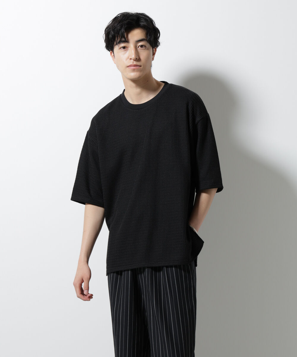 nano･universe「ジャガードニットソーTシャツ 半袖(セットアップ可)」|Tシャツ・カットソー|ブラック
