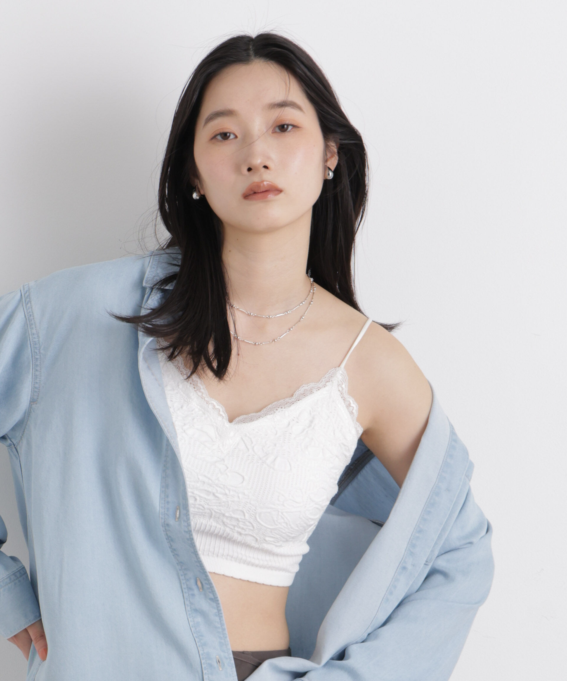 nano･universe「レースジャガードカップ取り外しクロップドキャミソール」|Tシャツ・カットソー|ホワイト