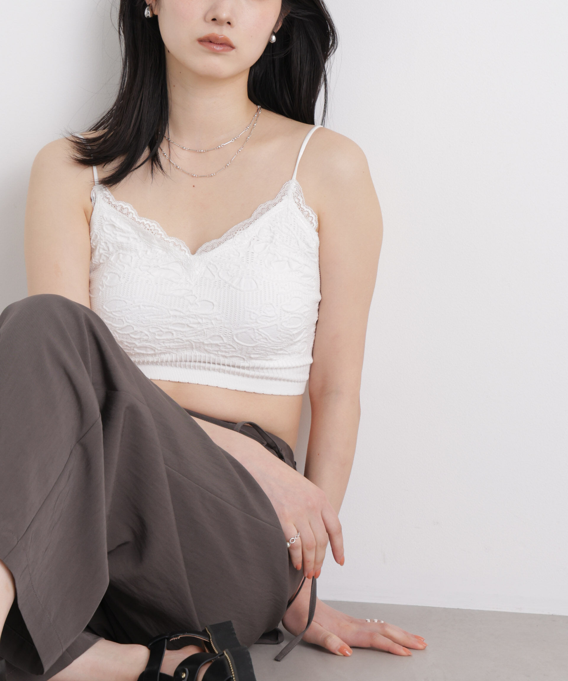 nano･universe「レースジャガードカップ取り外しクロップドキャミソール」|Tシャツ・カットソー|