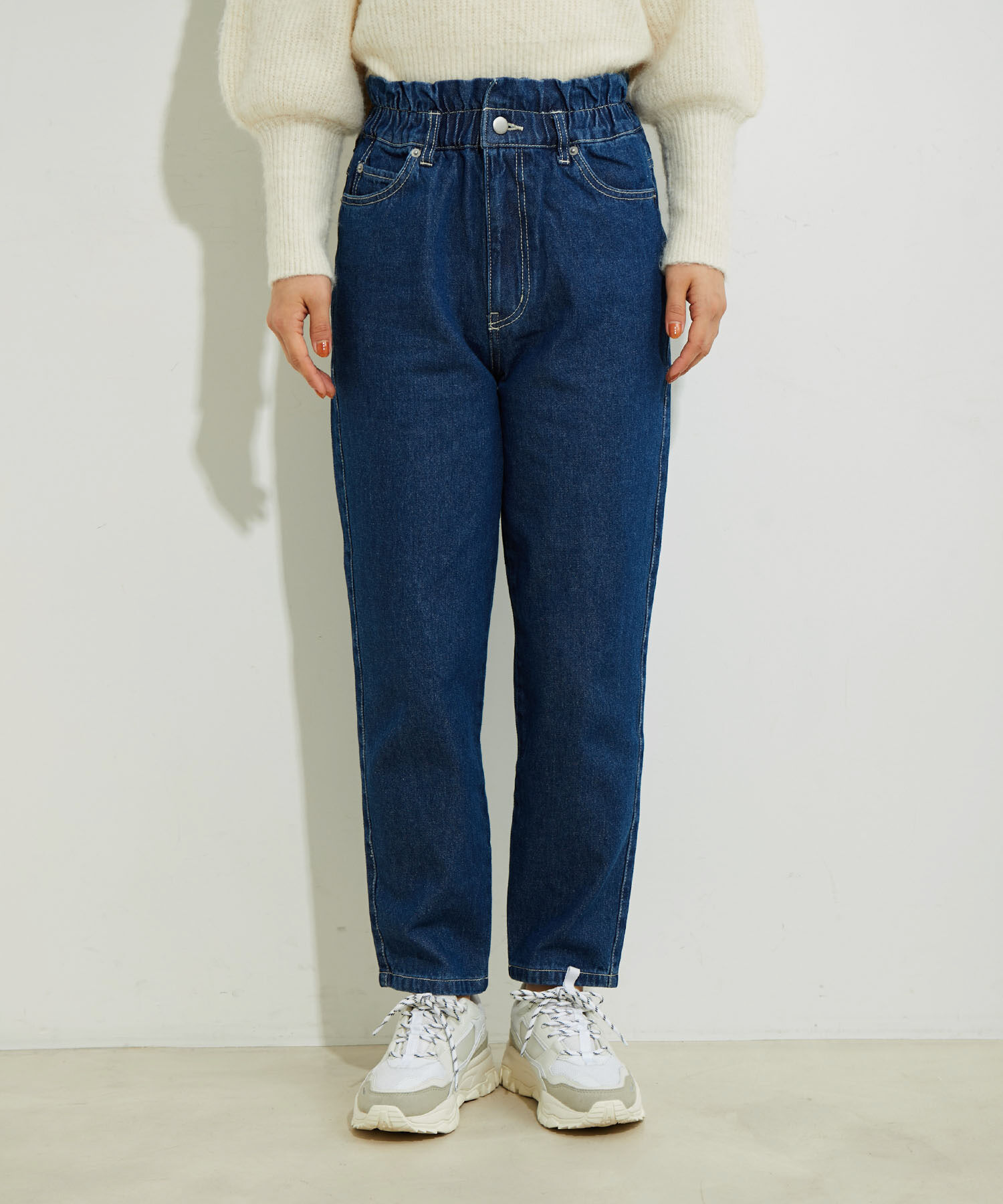 VIS「ウェストギャザーデニム&ツイルテーパードパンツ」|デニム|