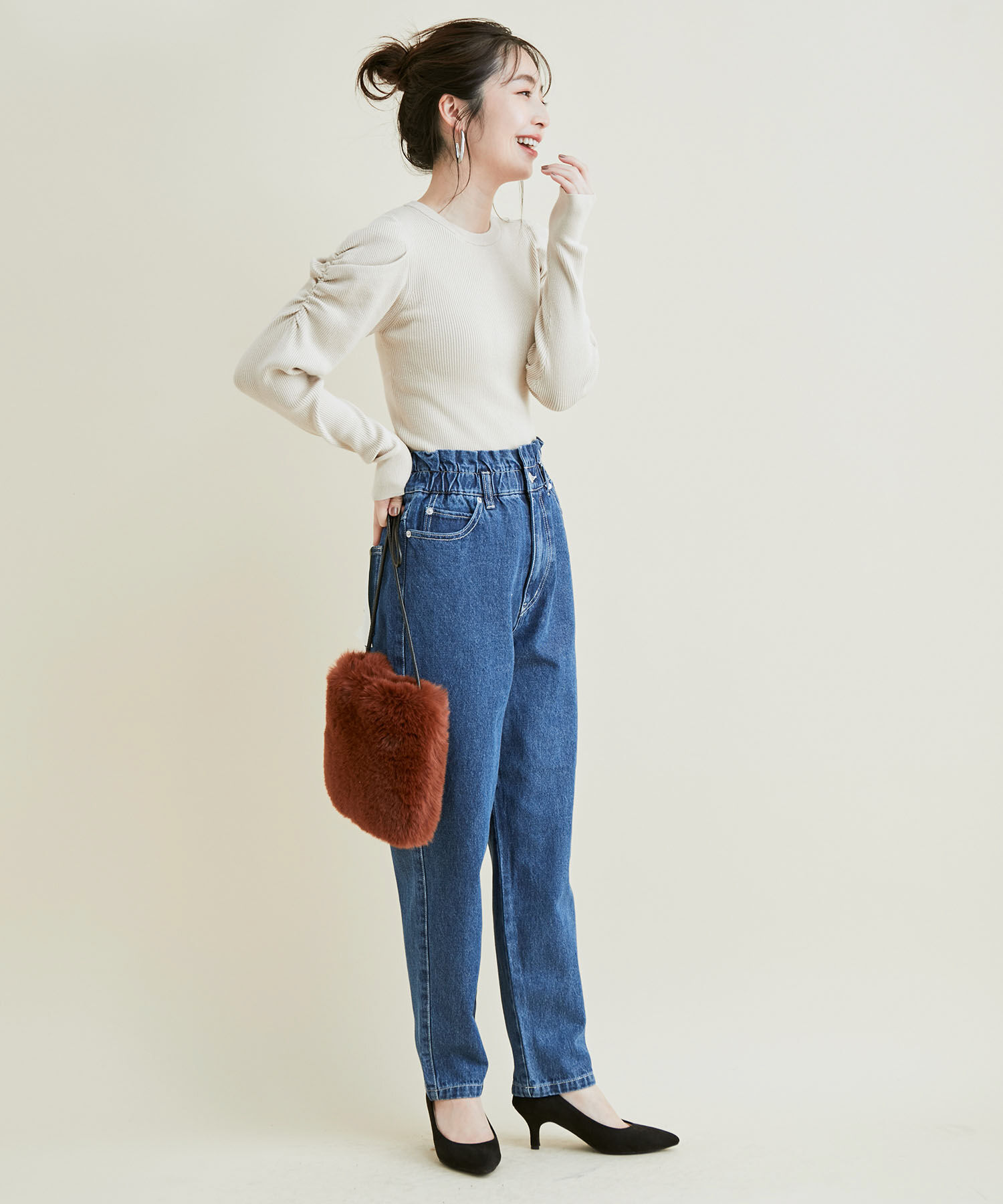 VIS「ウェストギャザーデニム&ツイルテーパードパンツ」|デニム|