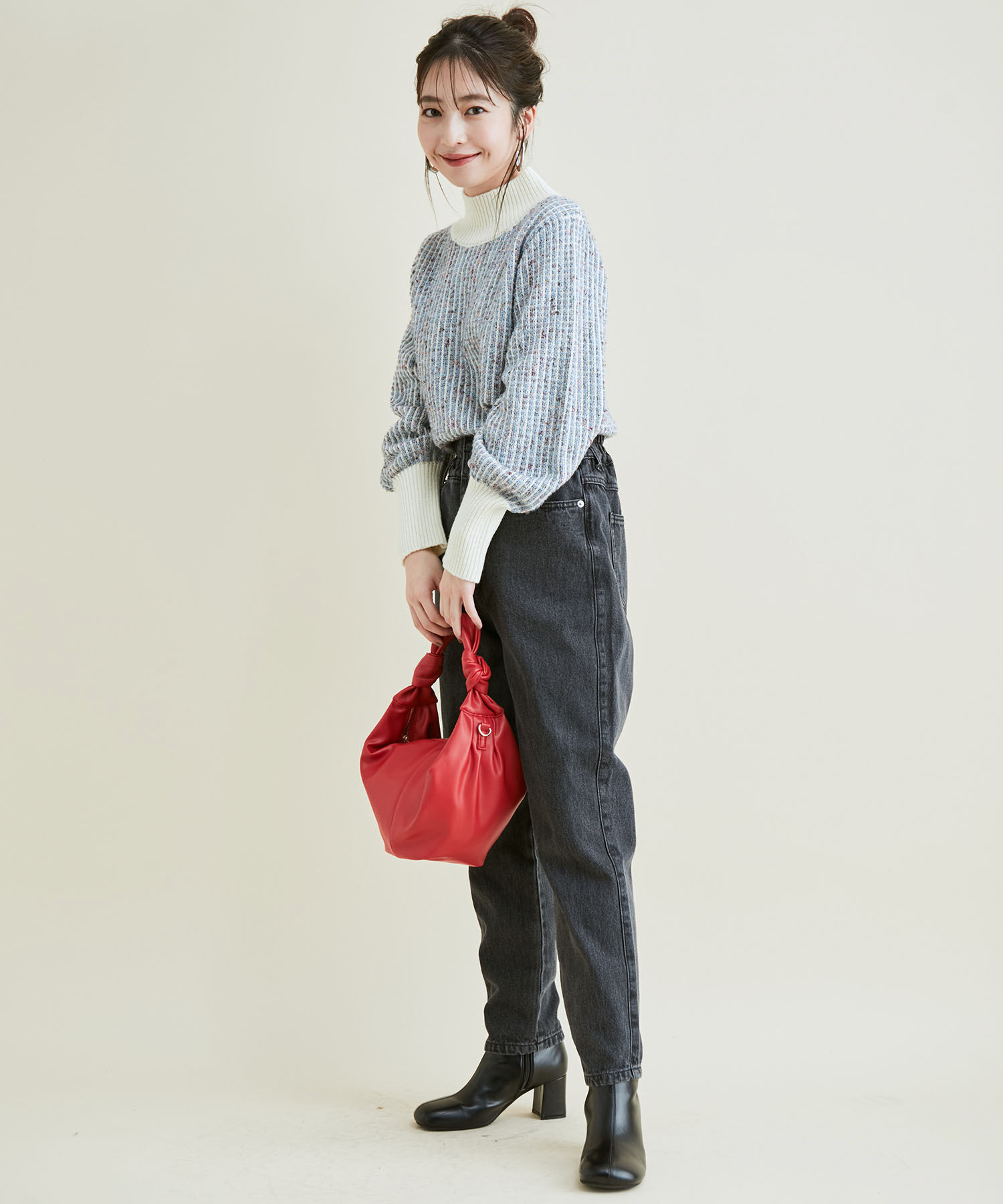 VIS「ウェストギャザーデニム&ツイルテーパードパンツ」|デニム|