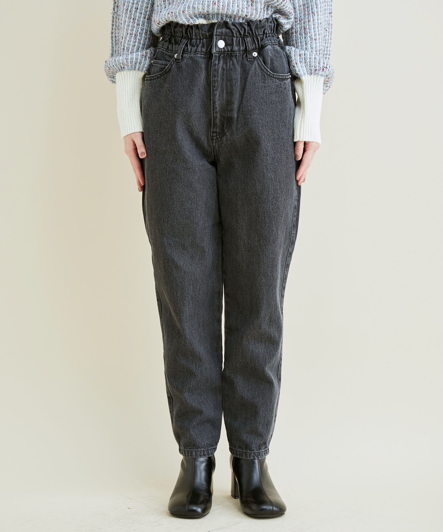 VIS「ウェストギャザーデニム&ツイルテーパードパンツ」|デニム|