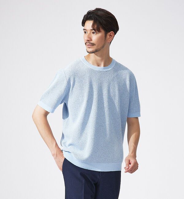 ABAHOUSE「針抜き プレーティング ニットTシャツ」|Tシャツ・カットソー|サックスブルー